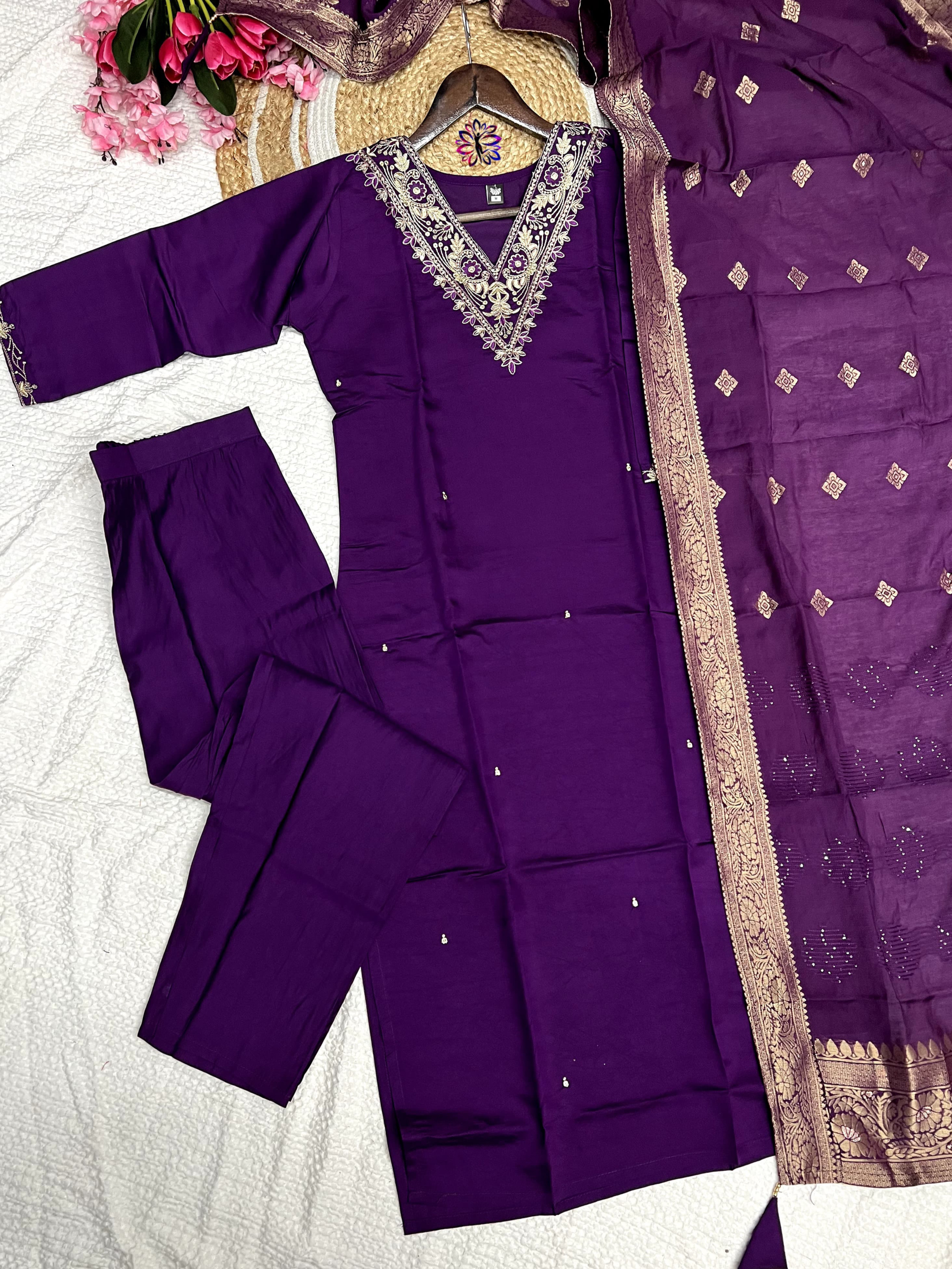 Purple Color Heavy Viscose Chanderi Kurta Set With Pant & Dupatta Jacquard