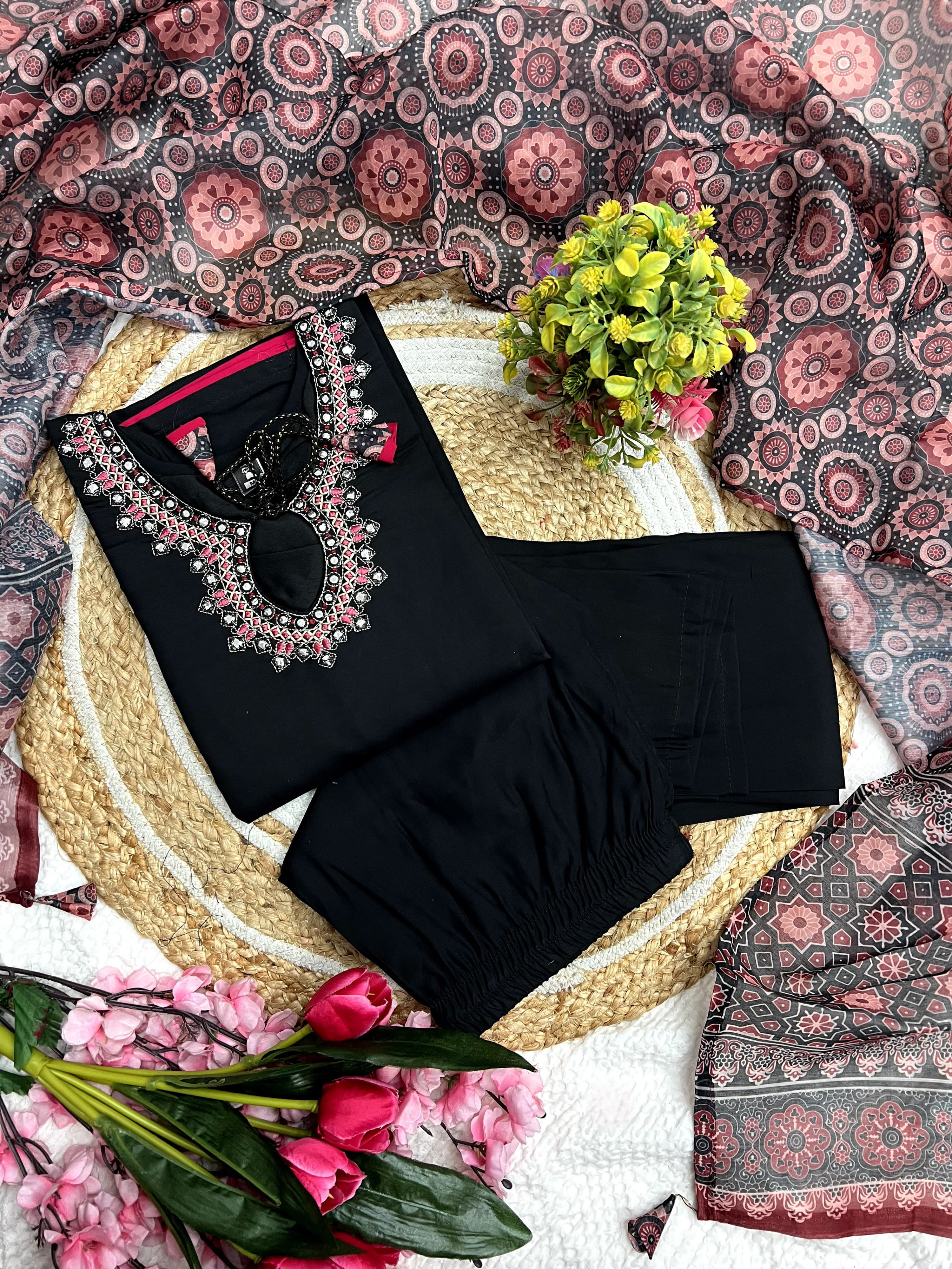 Black Color Heavy Viscose Kurta Set With Bottom & Chanderi Printed Dupatta