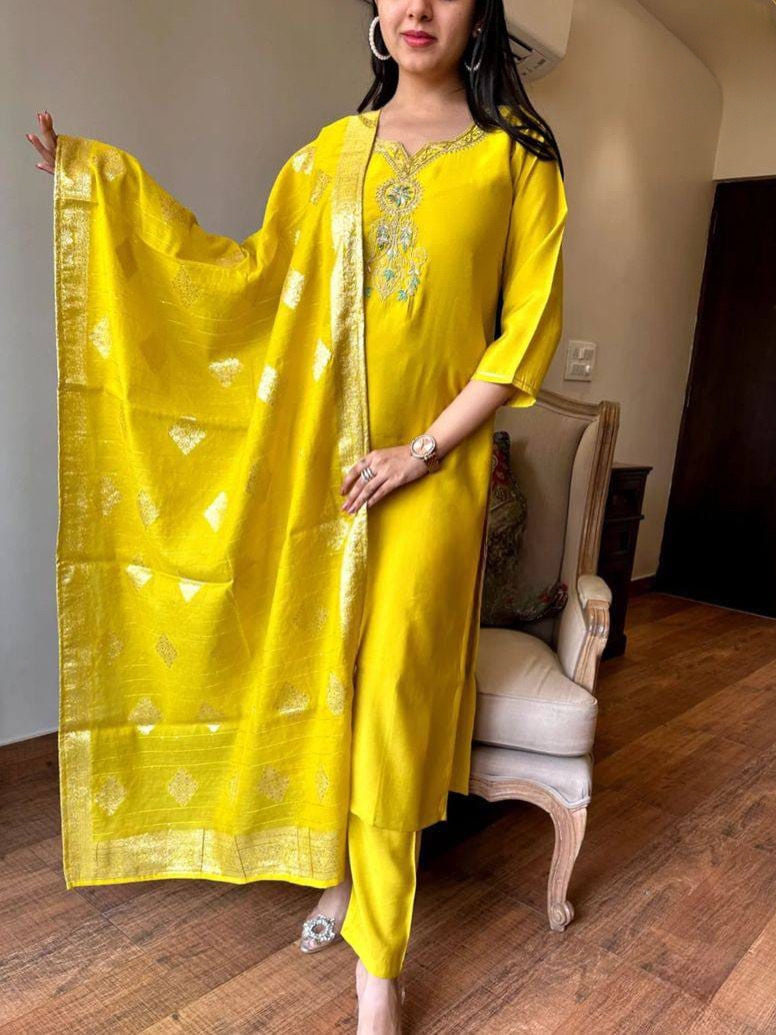 Florent Yellow Color Heavy Viscose Chanderi Kurta Set With Bottom & Jacquard Dupatta