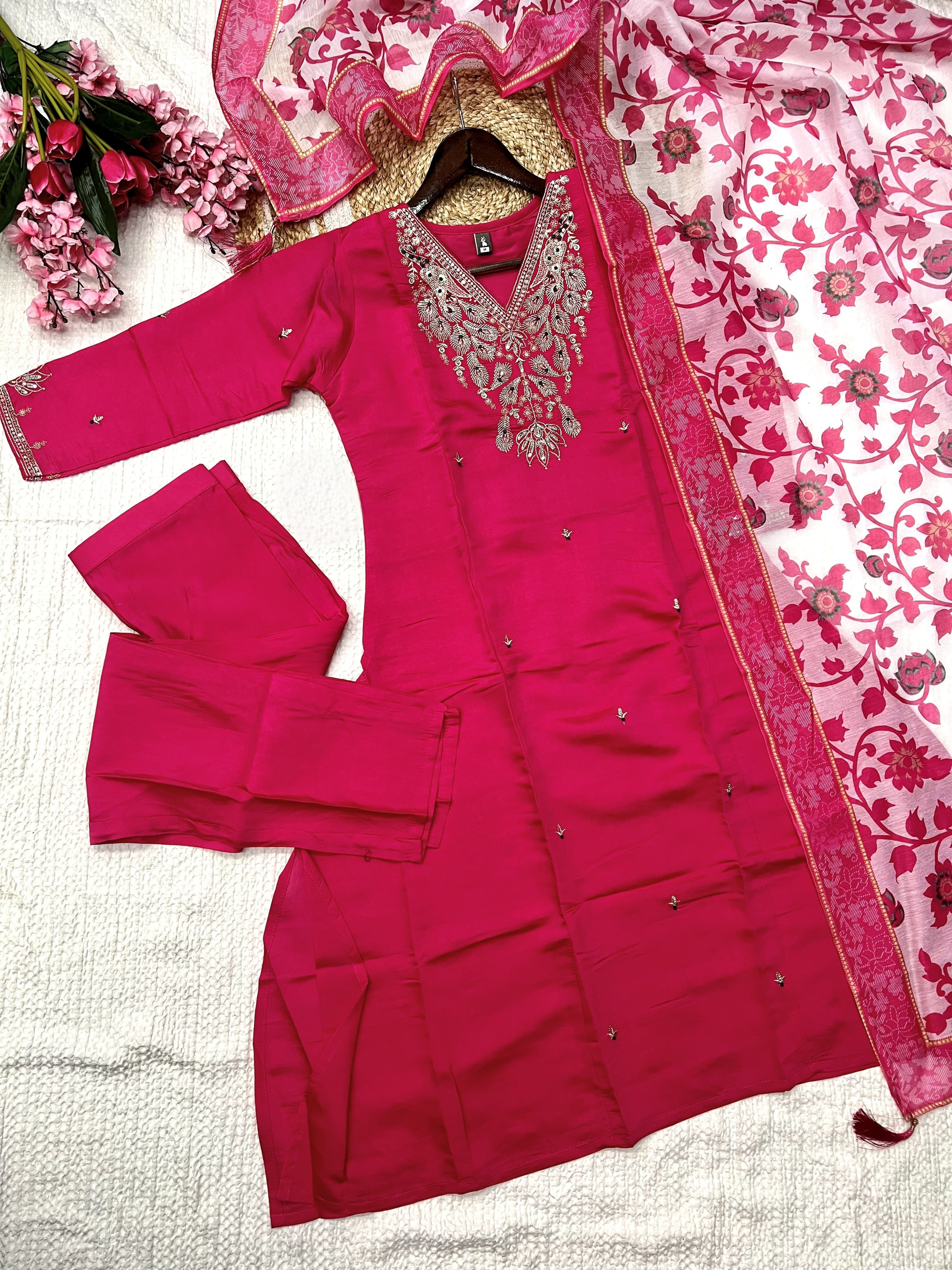 Pink Color Heavy Viscose Chanderi Kurta With Bottom & Chanderi Dupatta