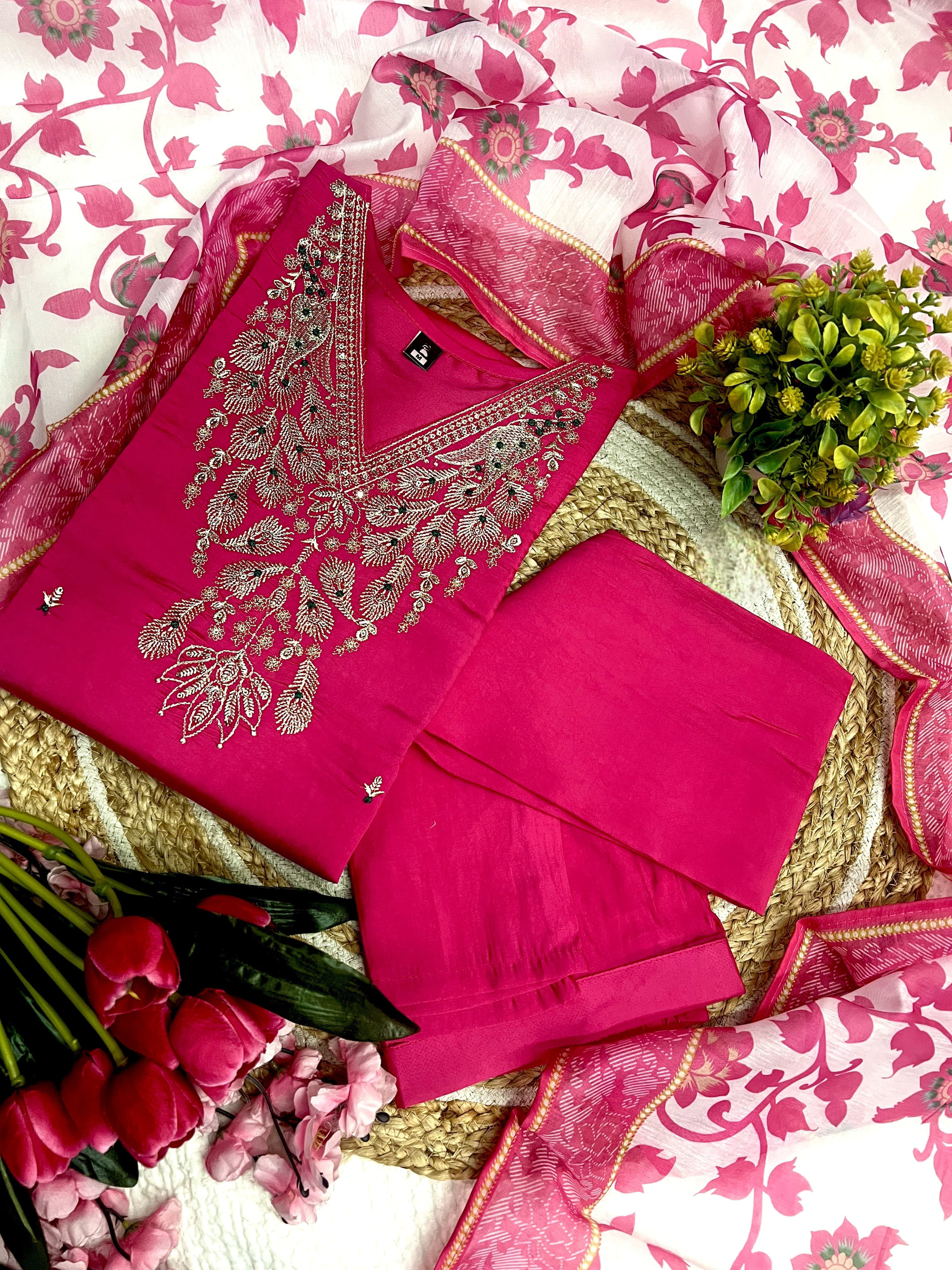 Pink Color Heavy Viscose Chanderi Kurta With Bottom & Chanderi Dupatta