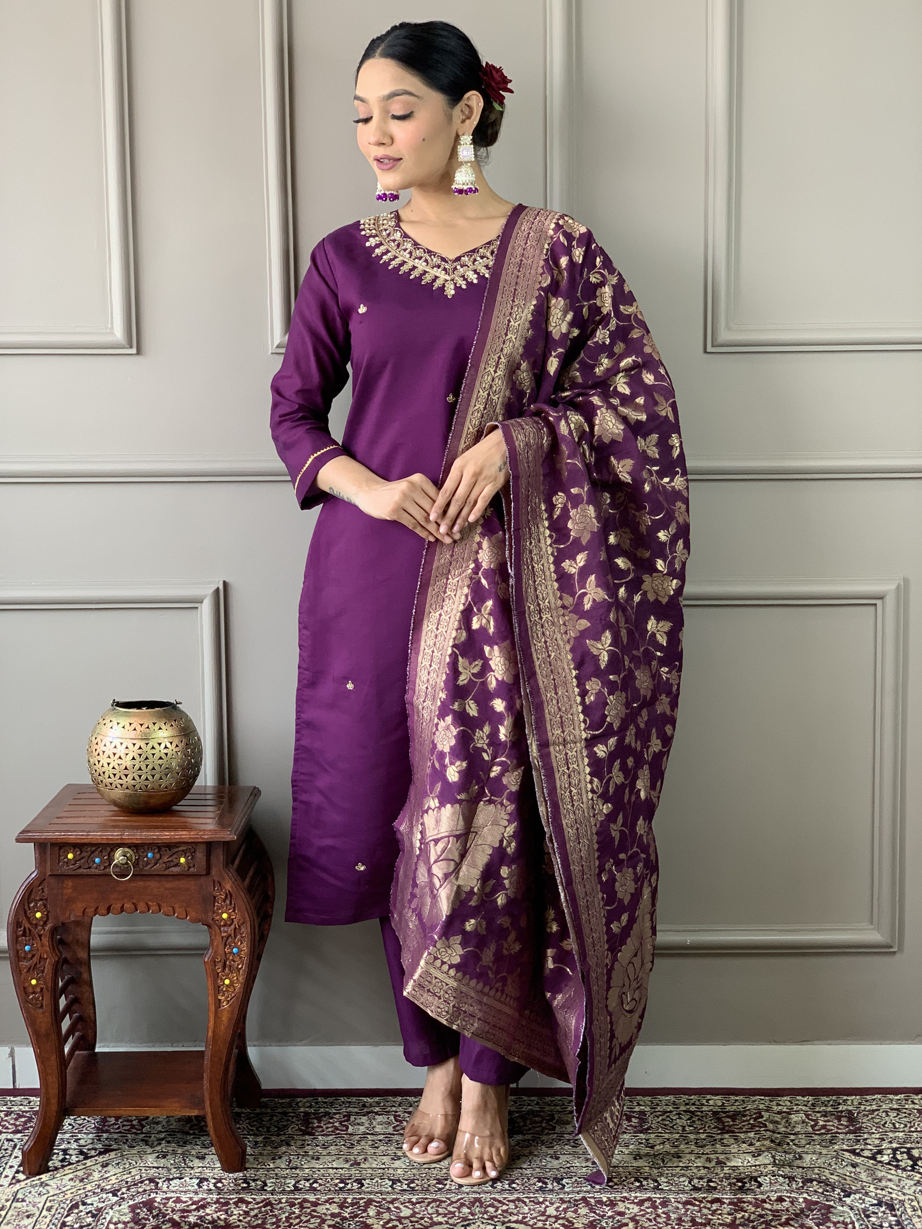 Wine Color Heavy Viscose Chanderi Kurta Set With Bottom & Jacquard Dupatta