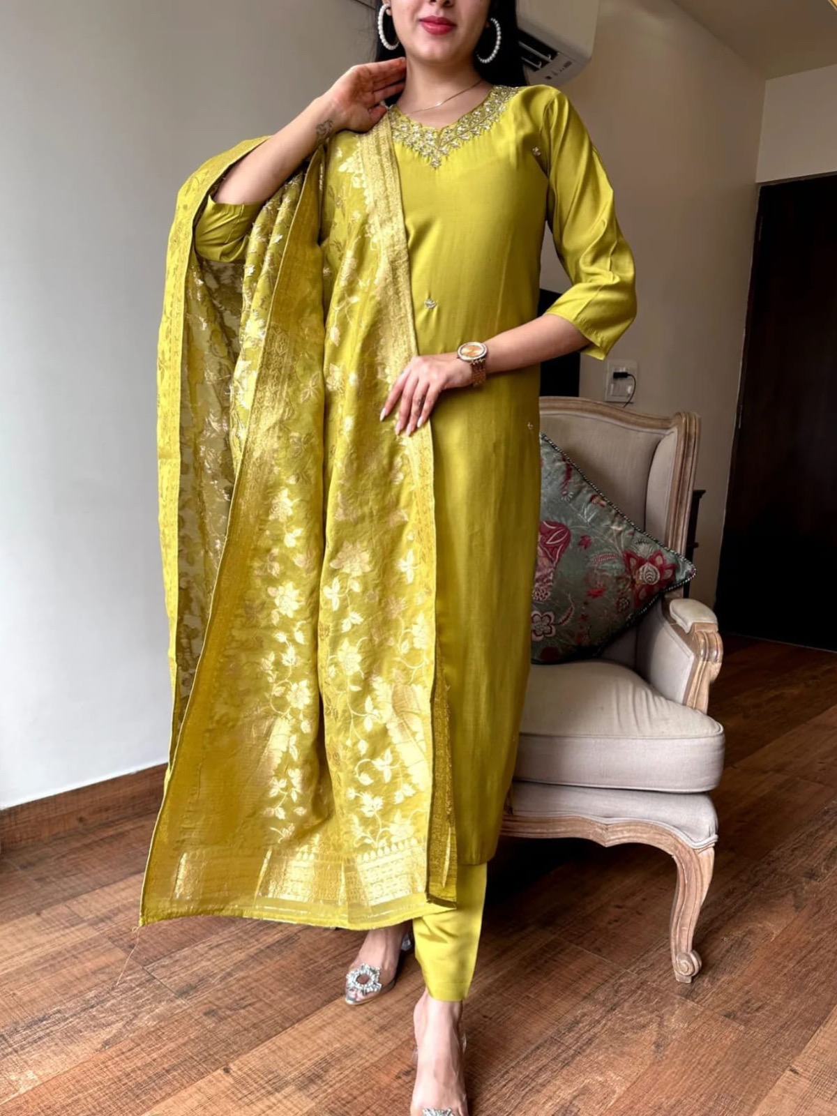 Radiant Yellow Color Heavy Viscose Chanderi Kurta Set With Bottom & Jacquard Dupatta