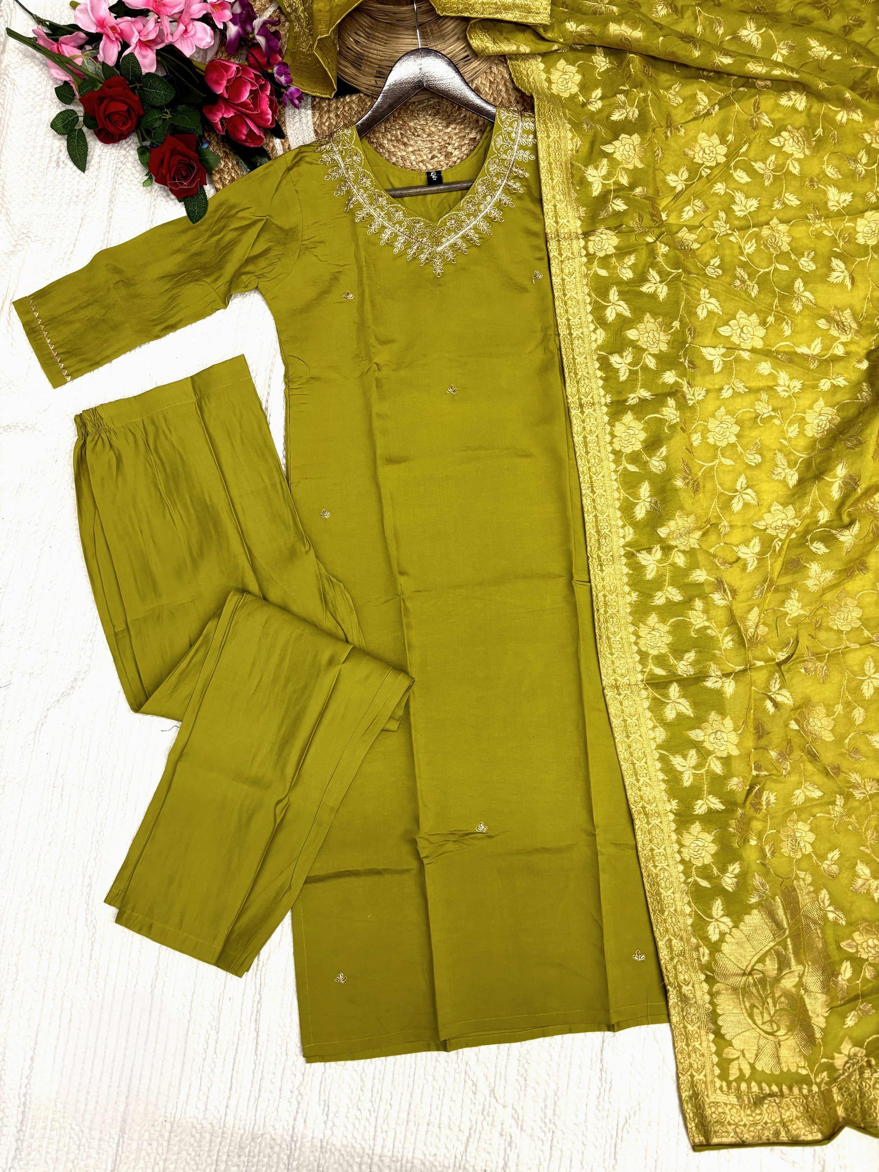 Radiant Yellow Color Heavy Viscose Chanderi Kurta Set With Bottom & Jacquard Dupatta