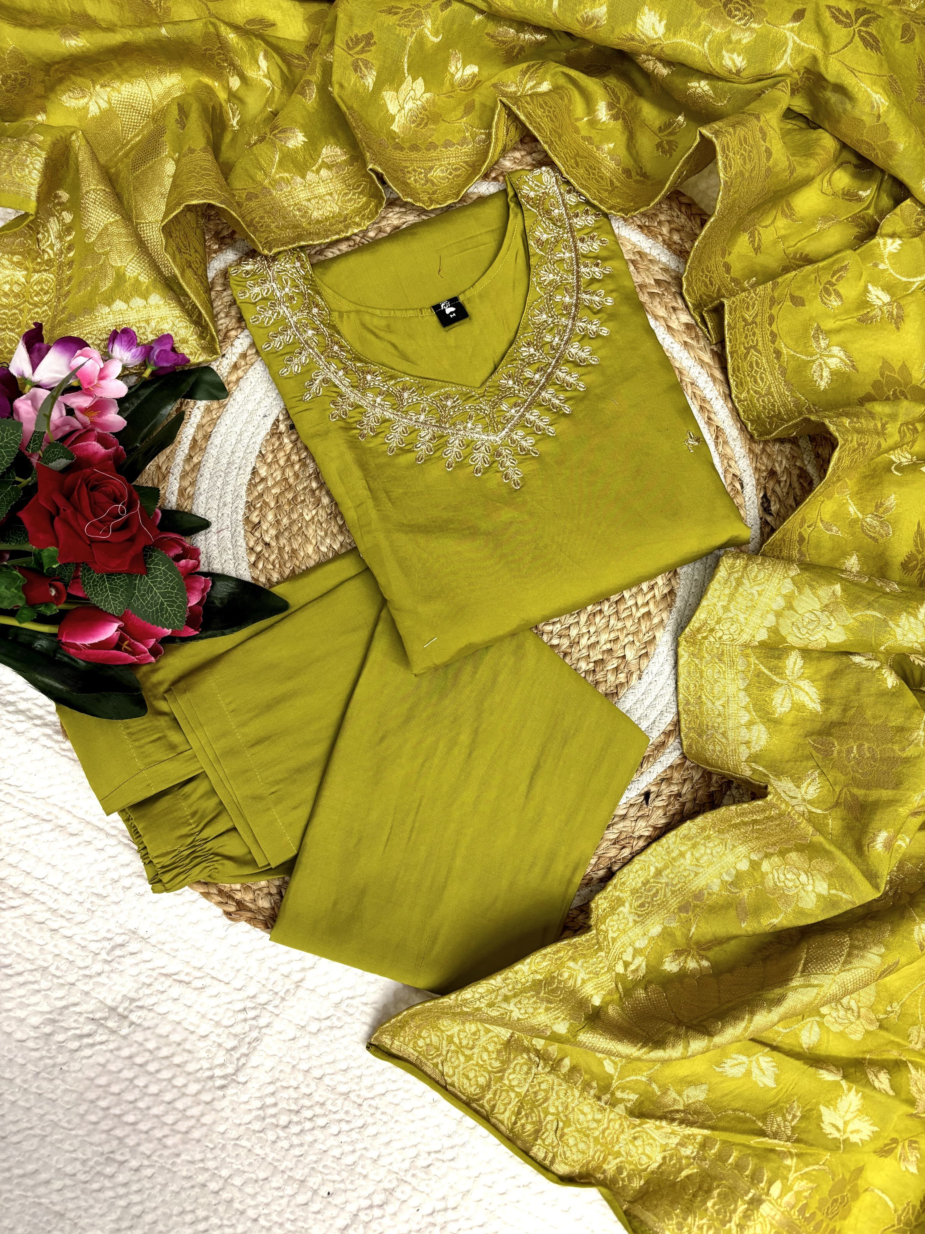 Radiant Yellow Color Heavy Viscose Chanderi Kurta Set With Bottom & Jacquard Dupatta