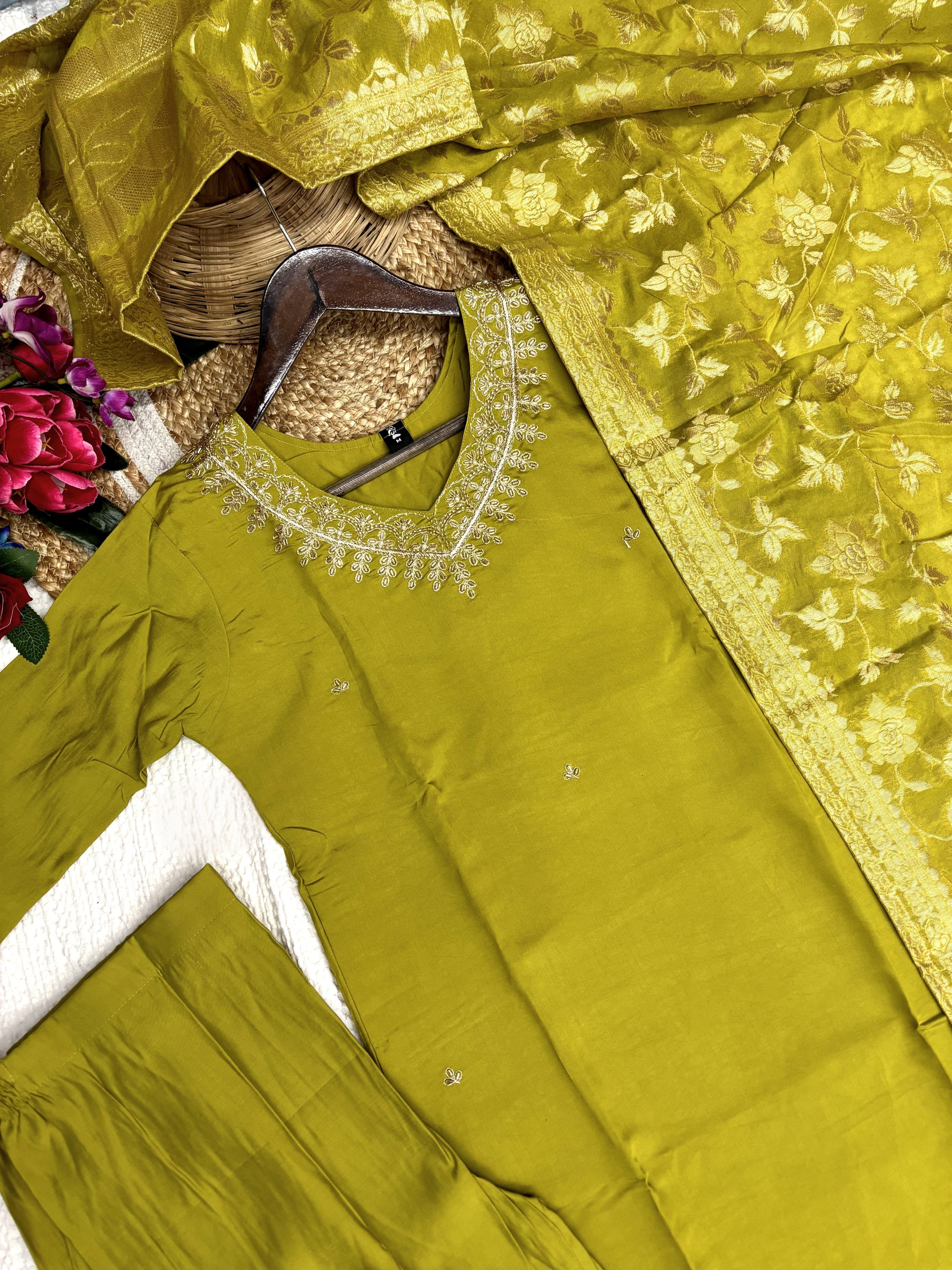 Radiant Yellow Color Heavy Viscose Chanderi Kurta Set With Bottom & Jacquard Dupatta