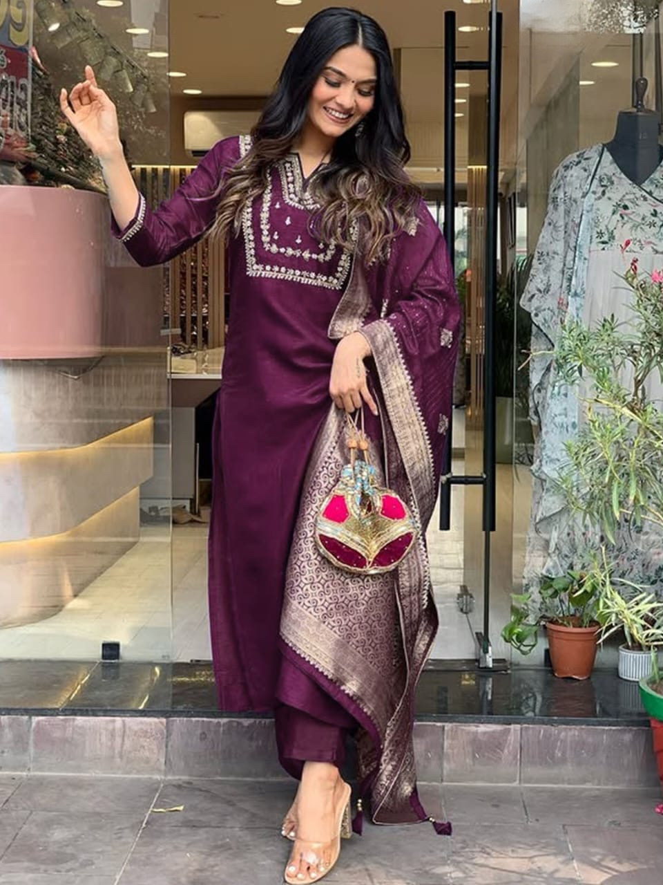Wine Color Heavy Roman Silk Embroidered Kurta Set With Bottom & Jacquard Dupatta