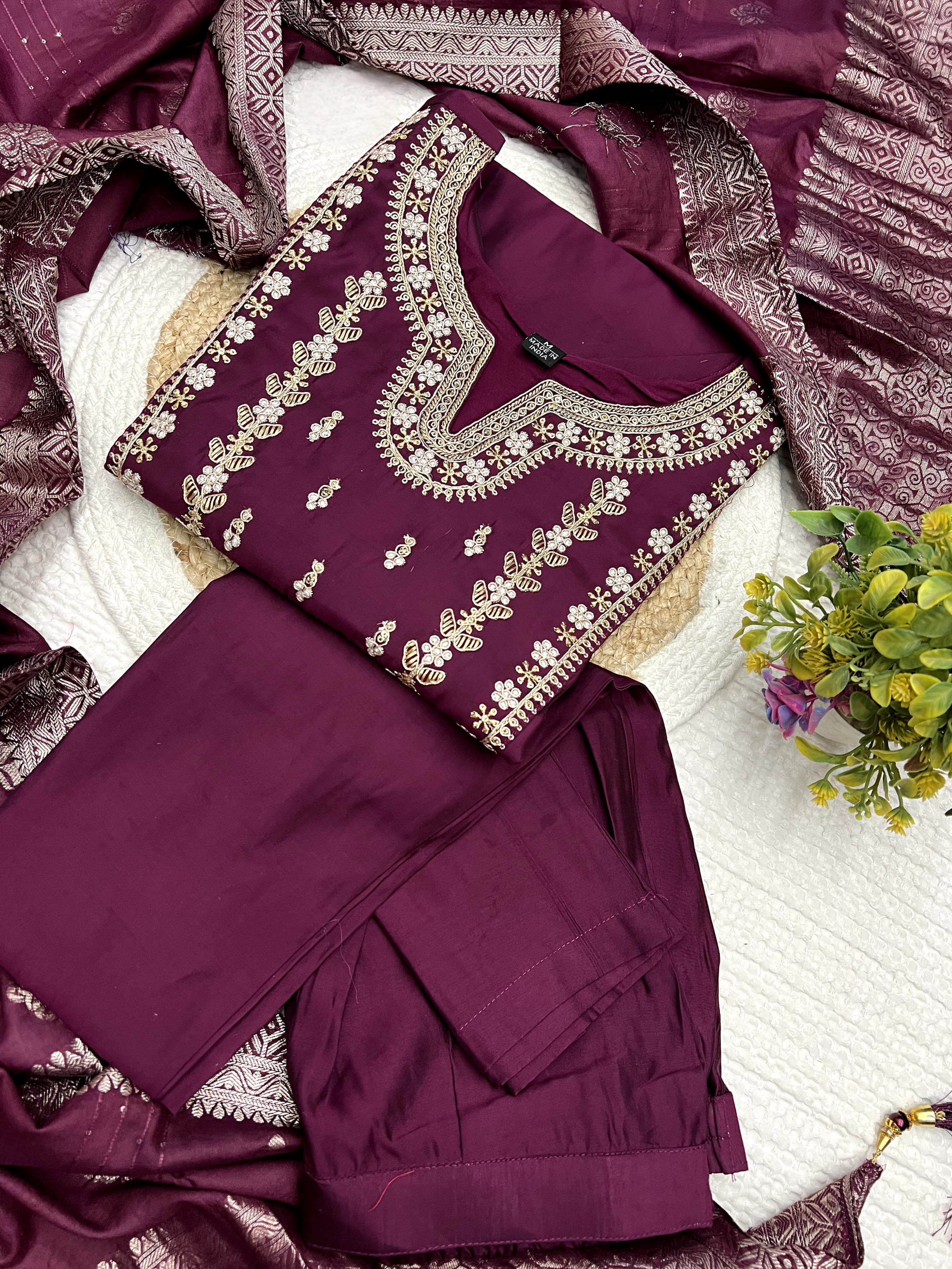 Wine Color Heavy Roman Silk Embroidered Kurta Set With Bottom & Jacquard Dupatta