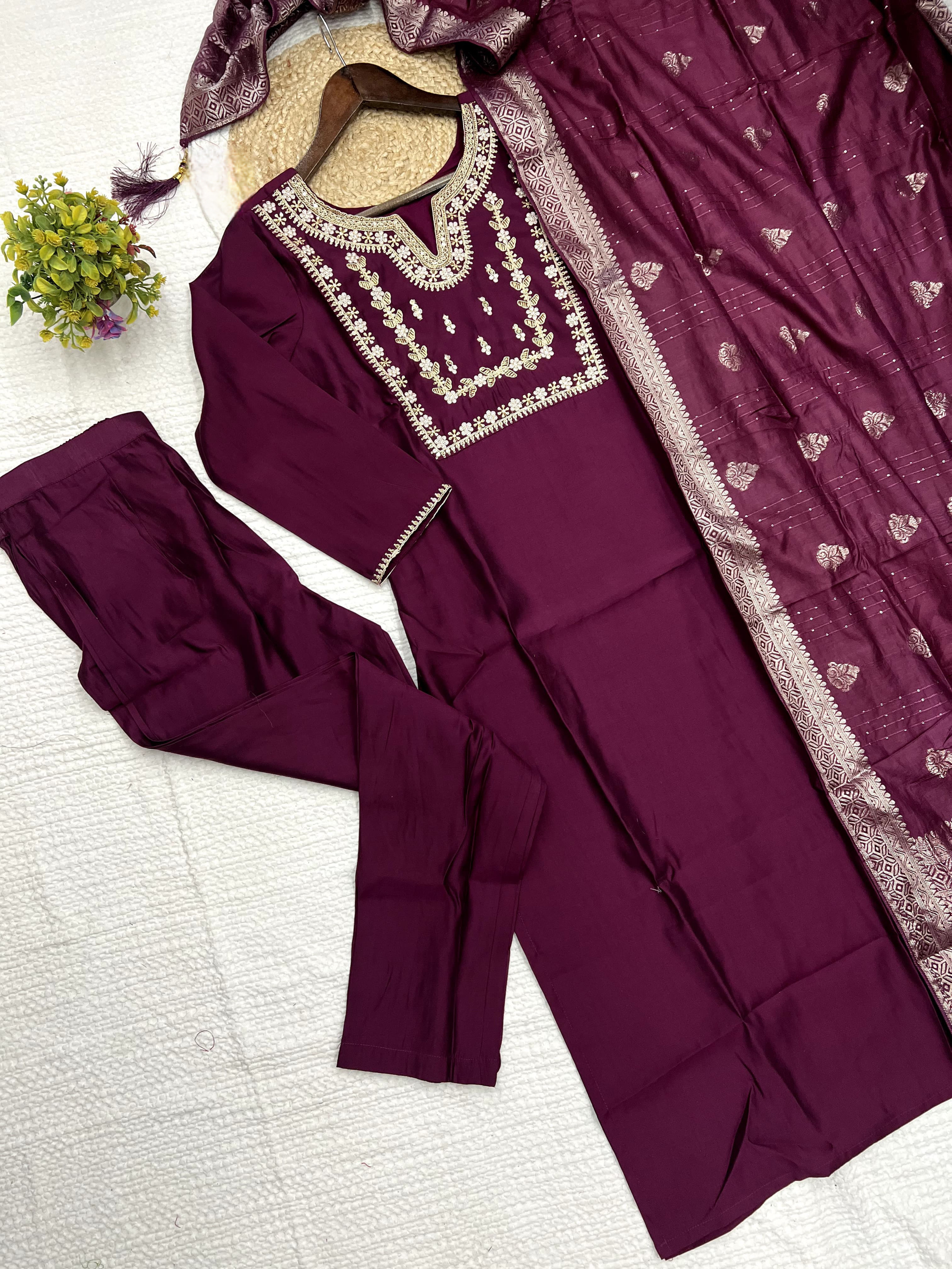 Wine Color Heavy Roman Silk Embroidered Kurta Set With Bottom & Jacquard Dupatta