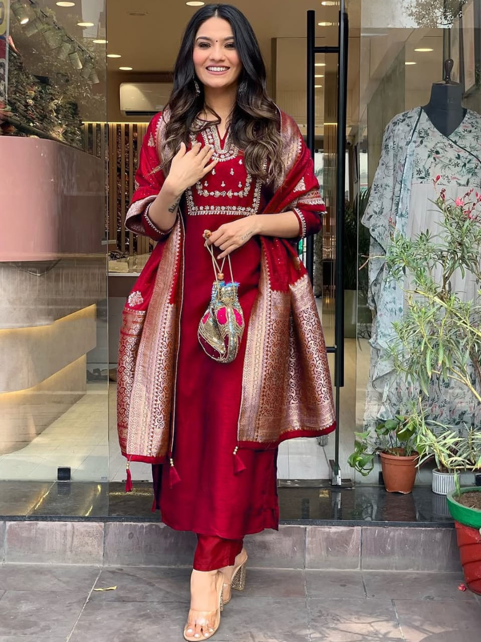 Red Color Heavy Roman Silk Embroidered Kurta Set With Bottom & Jacquard Dupatta