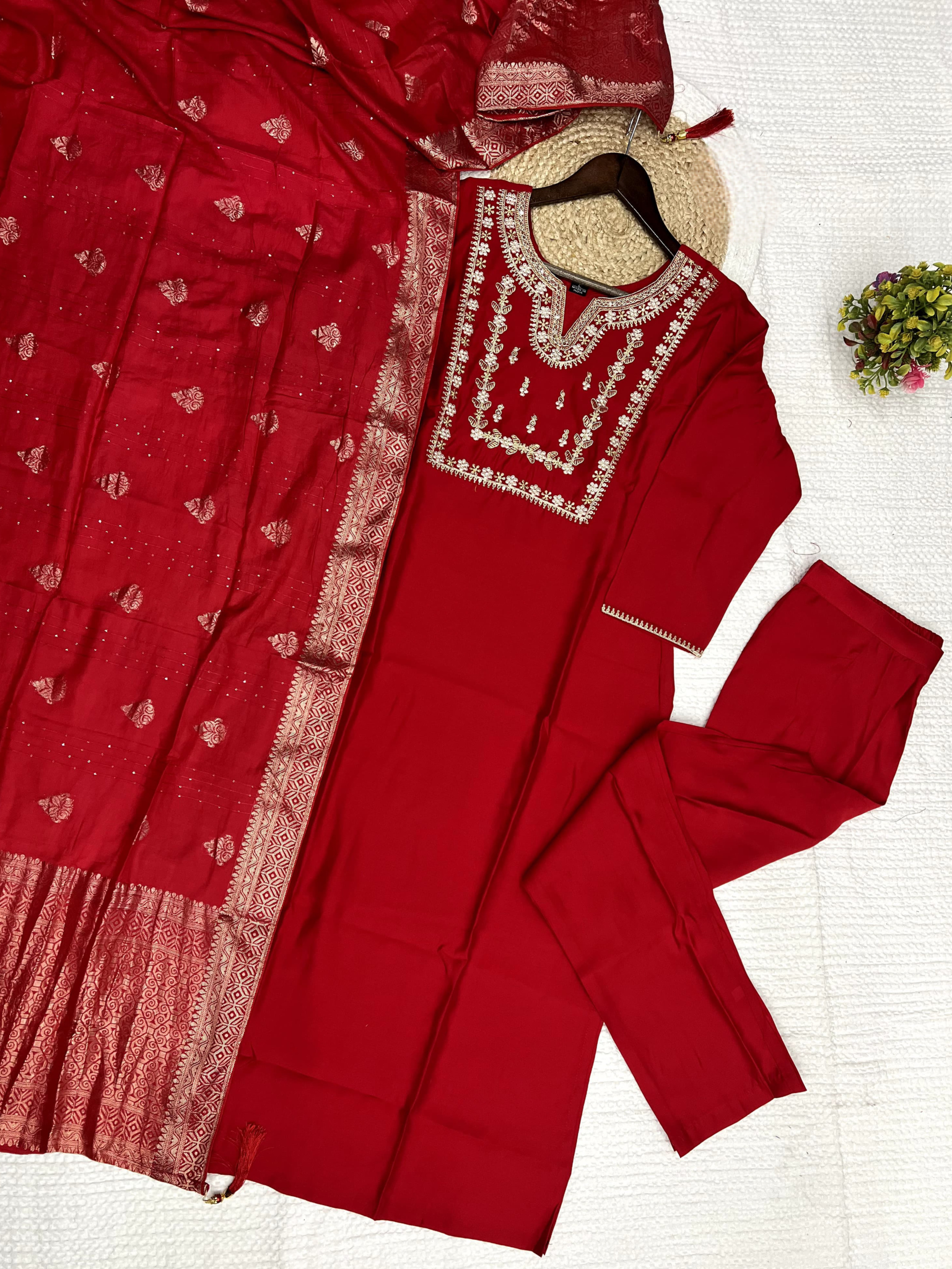 Red Color Heavy Roman Silk Embroidered Kurta Set With Bottom & Jacquard Dupatta