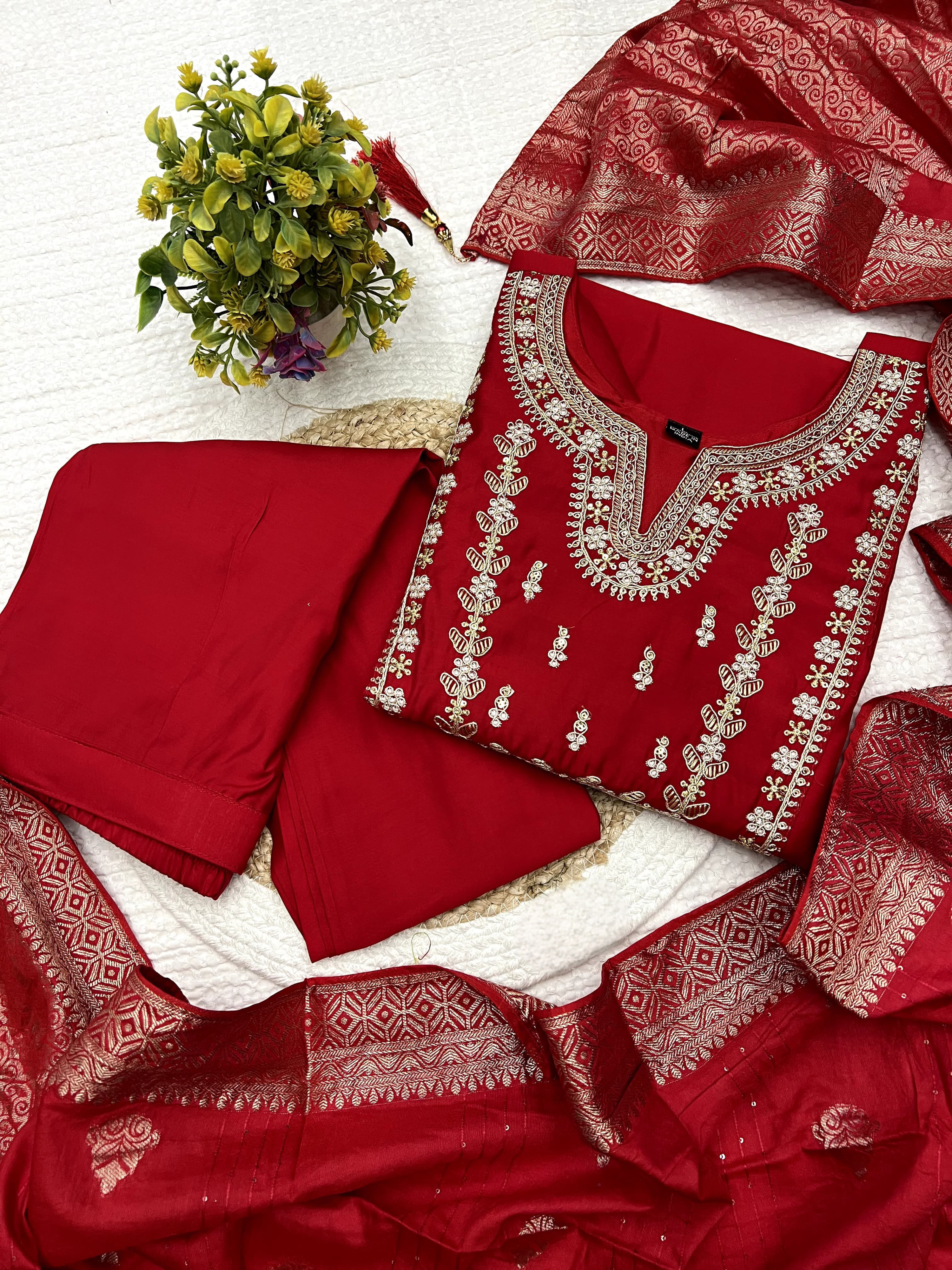 Red Color Heavy Roman Silk Embroidered Kurta Set With Bottom & Jacquard Dupatta