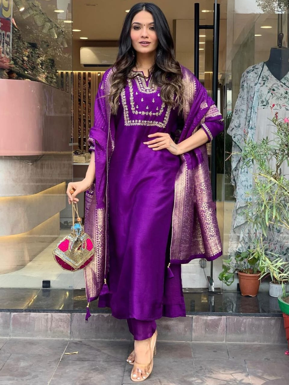 Purple Color Heavy Roman Silk Embroidered Kurta Set With Bottom & Jacquard Dupatta