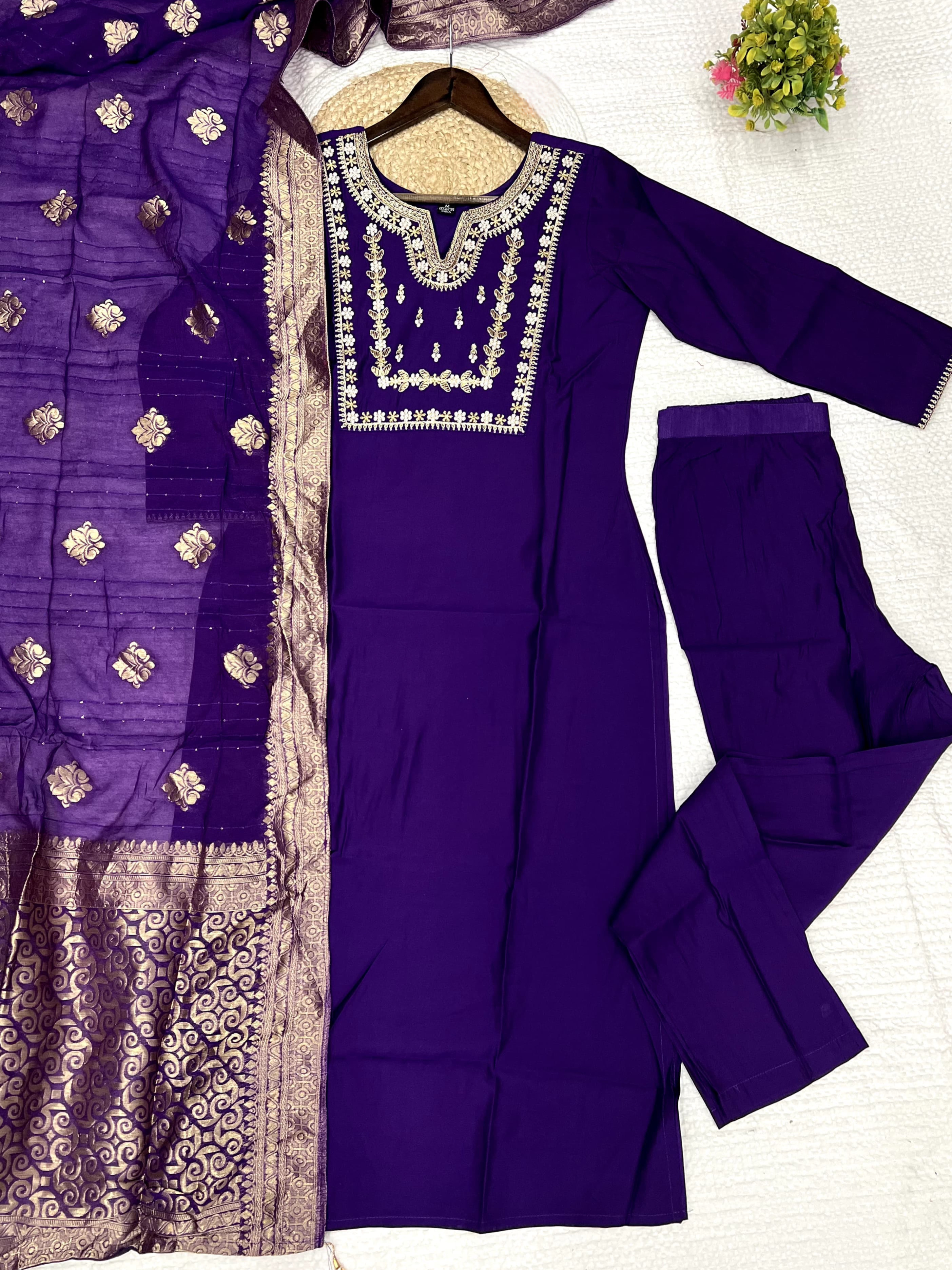 Purple Color Heavy Roman Silk Embroidered Kurta Set With Bottom & Jacquard Dupatta