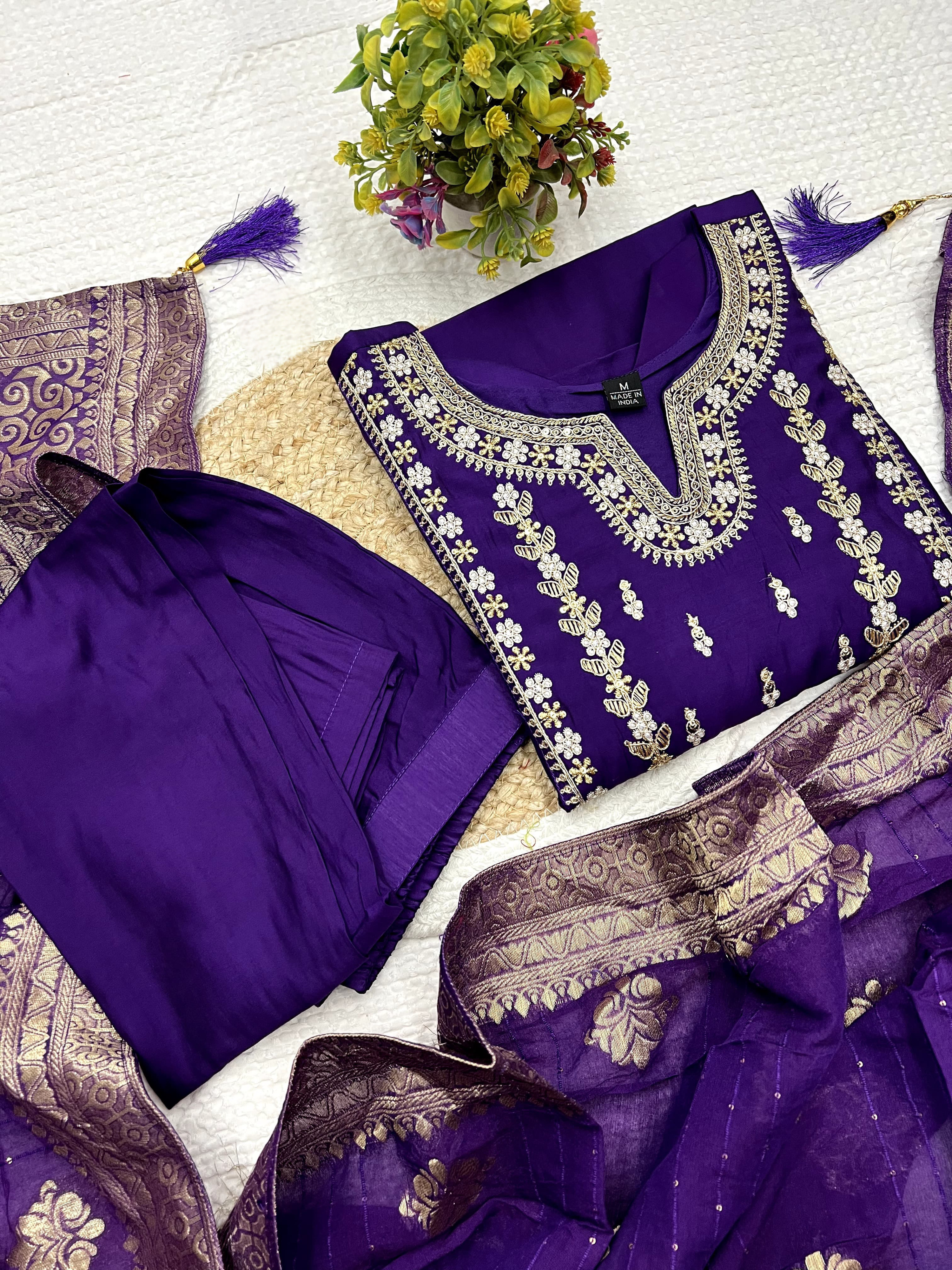 Purple Color Heavy Roman Silk Embroidered Kurta Set With Bottom & Jacquard Dupatta