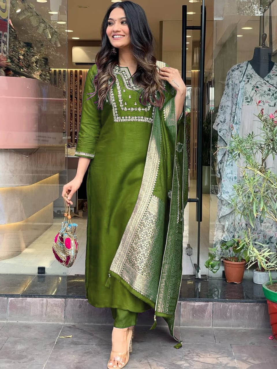 Green Color Heavy Roman Silk Embroidered Kurta Set With Bottom & Jacquard Dupatta