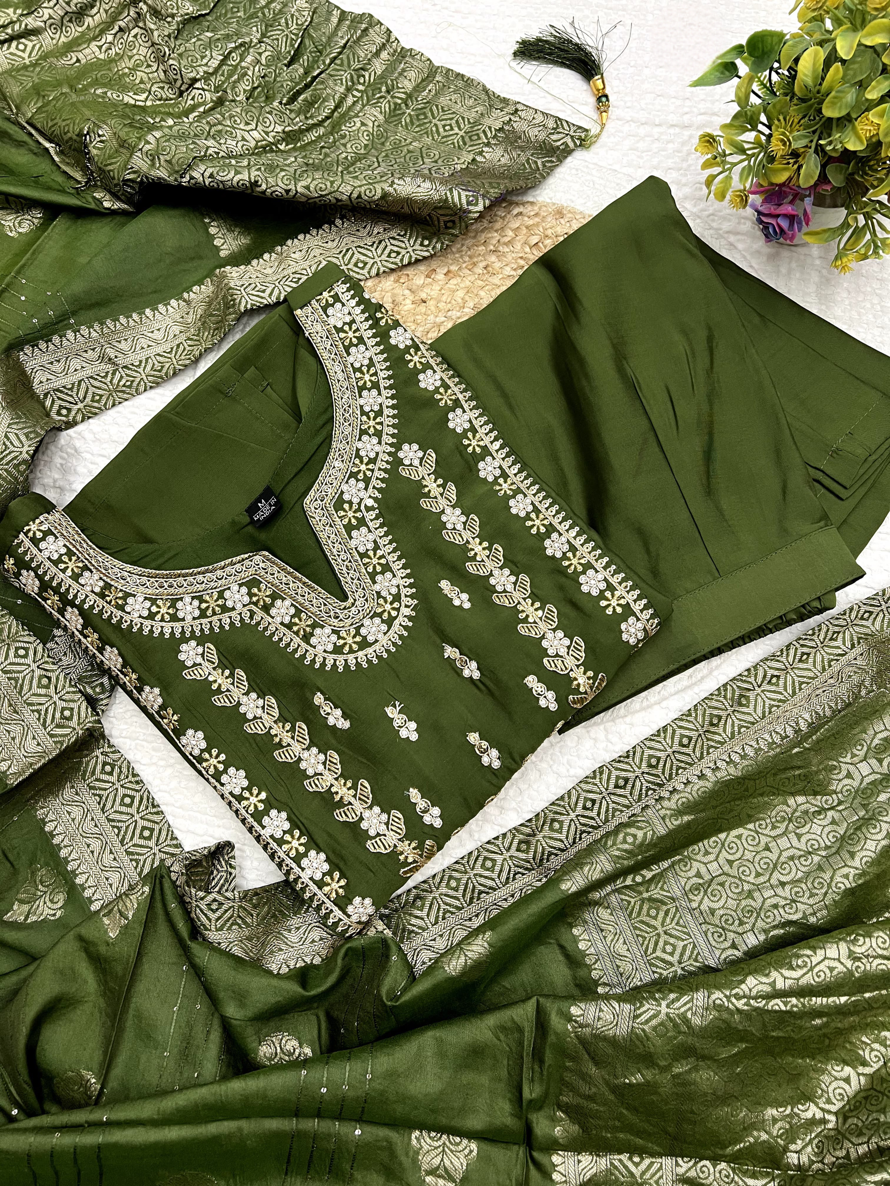 Green Color Heavy Roman Silk Embroidered Kurta Set With Bottom & Jacquard Dupatta