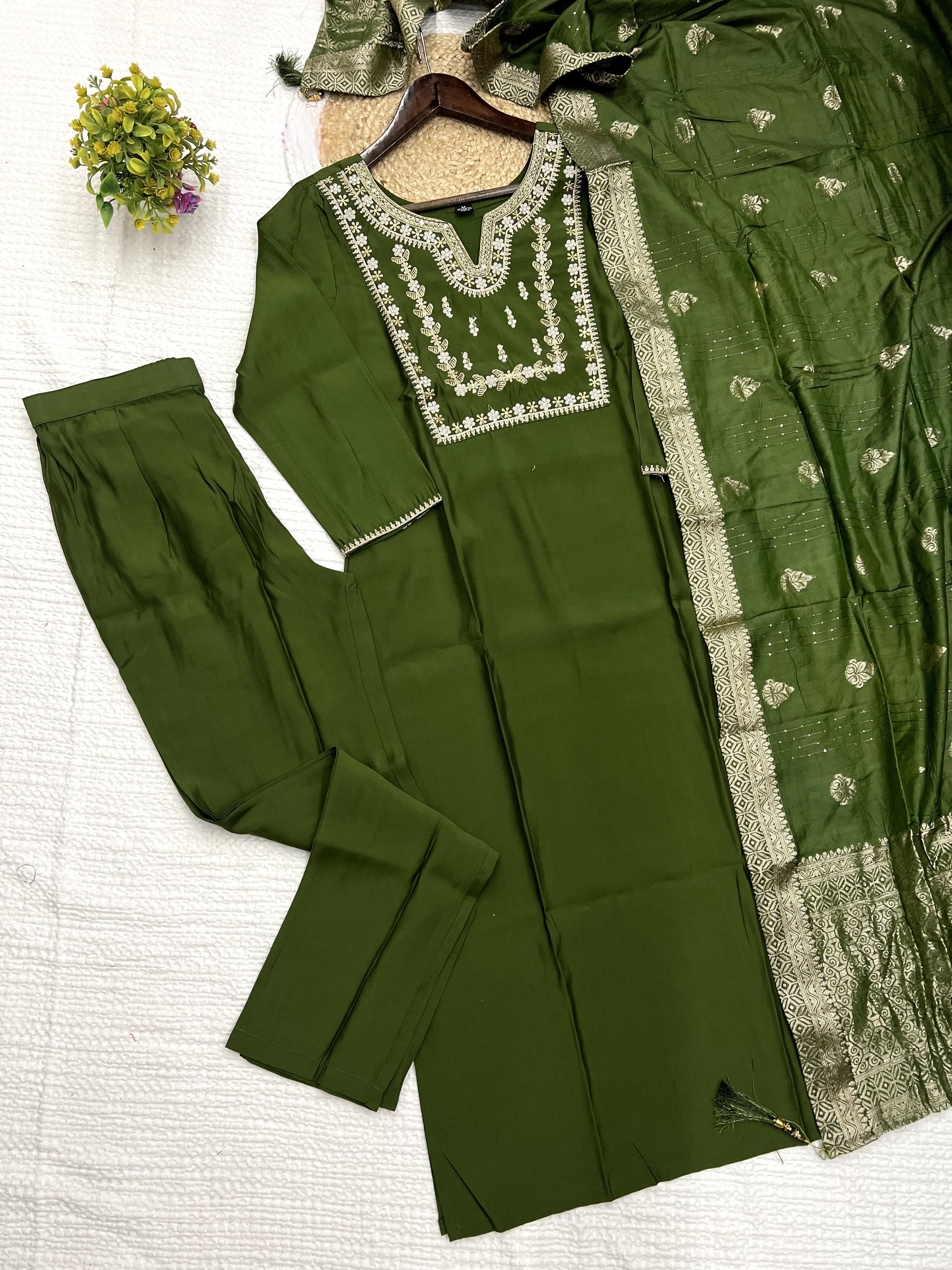 Green Color Heavy Roman Silk Embroidered Kurta Set With Bottom & Jacquard Dupatta