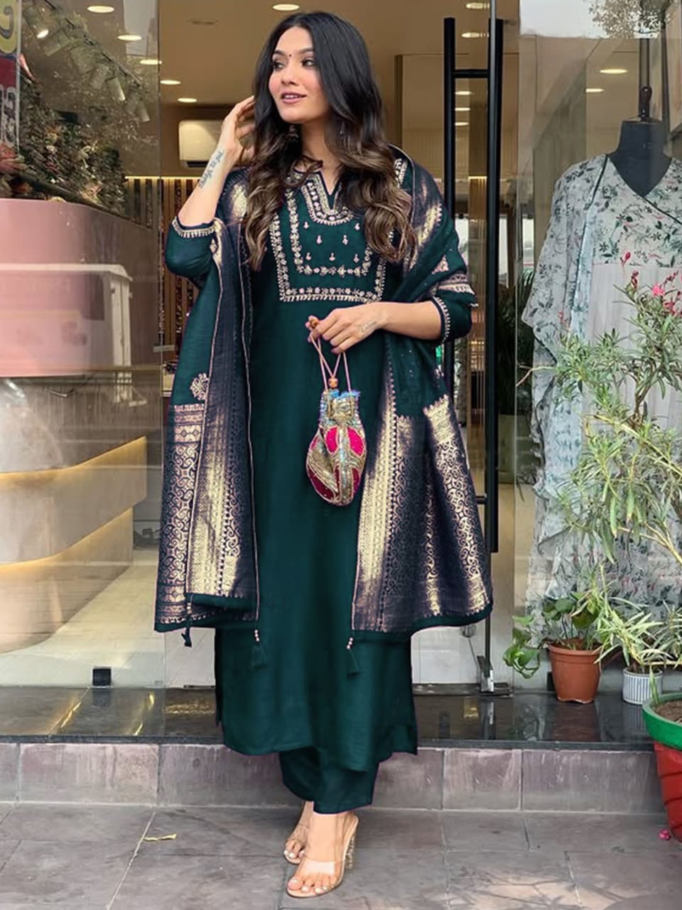 Bottle Green Color Heavy Roman Silk Embroidered Kurta Set With Bottom & Jacquard Dupatta