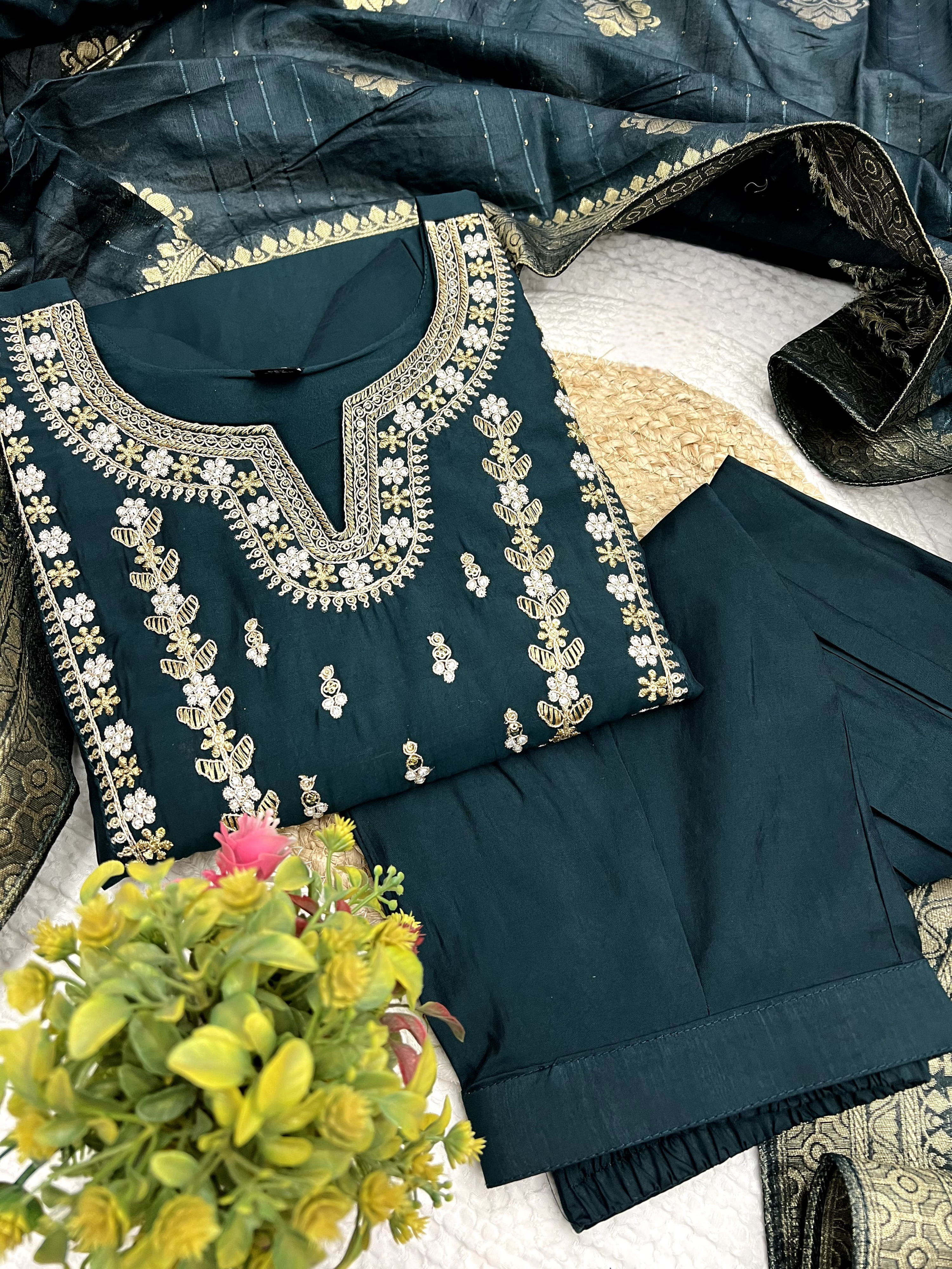 Bottle Green Color Heavy Roman Silk Embroidered Kurta Set With Bottom & Jacquard Dupatta