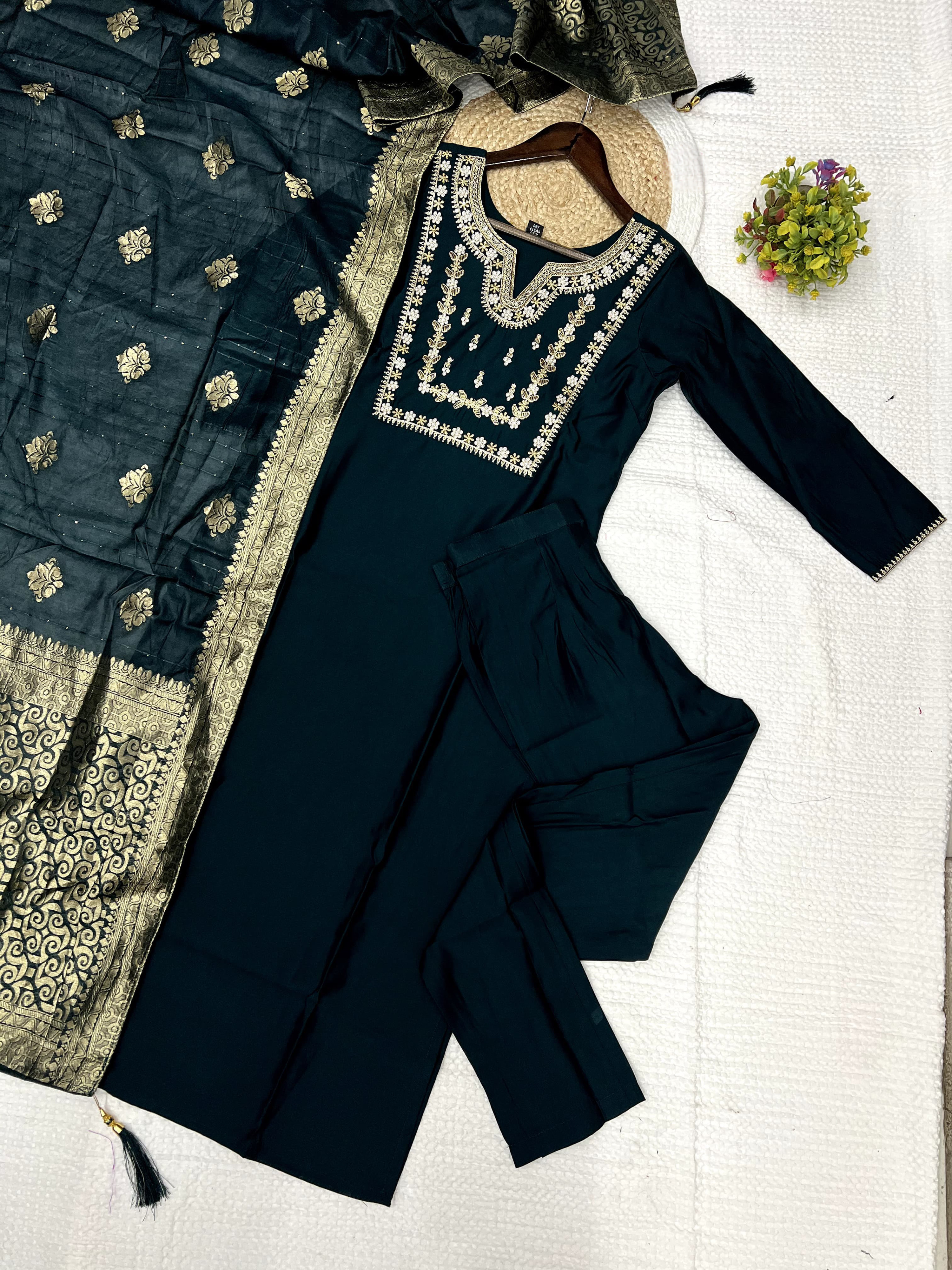Bottle Green Color Heavy Roman Silk Embroidered Kurta Set With Bottom & Jacquard Dupatta
