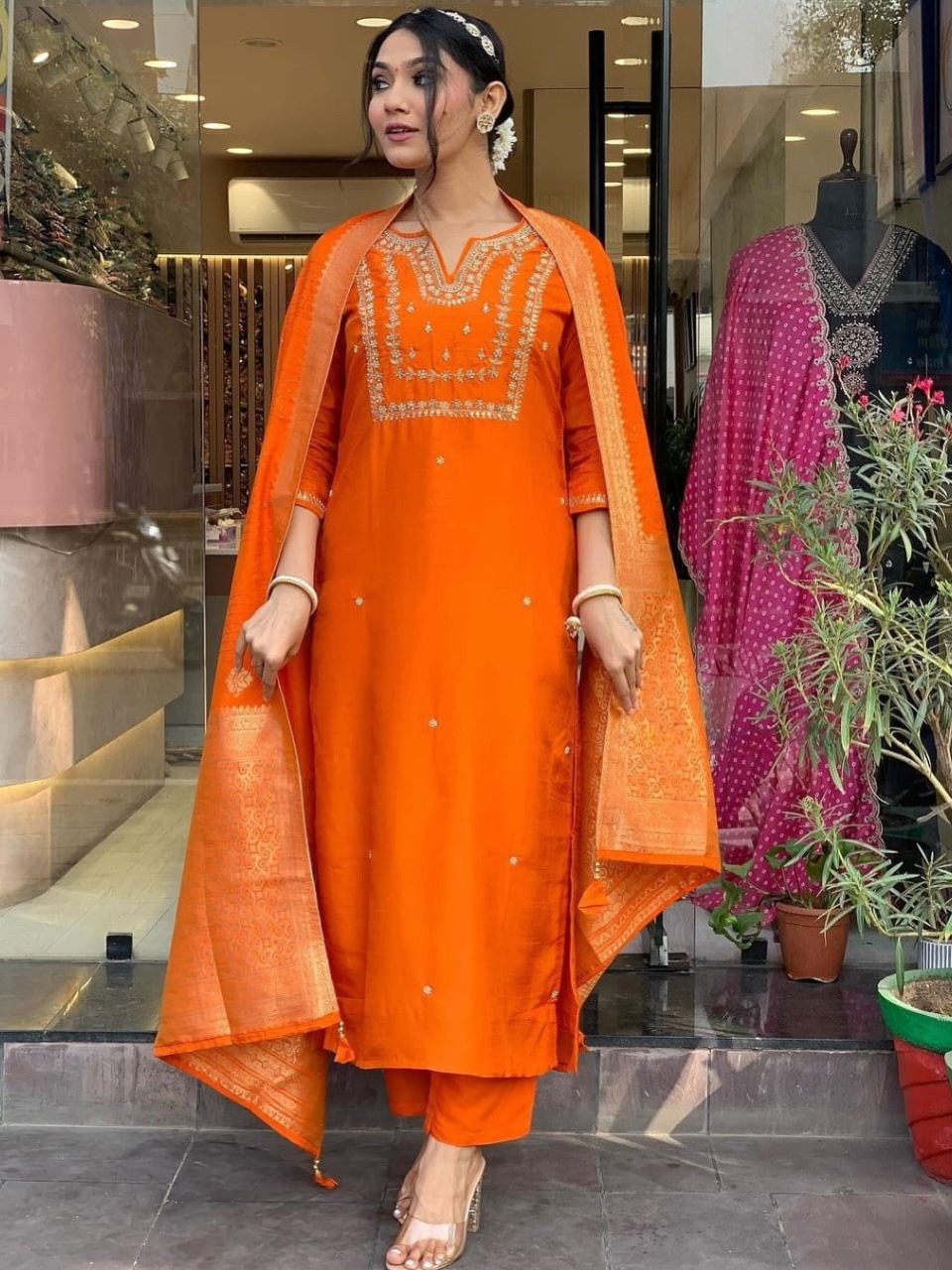 Orange Color Heavy Roman Silk Embroidered Kurta Set With Bottom & Jacquard Dupatta