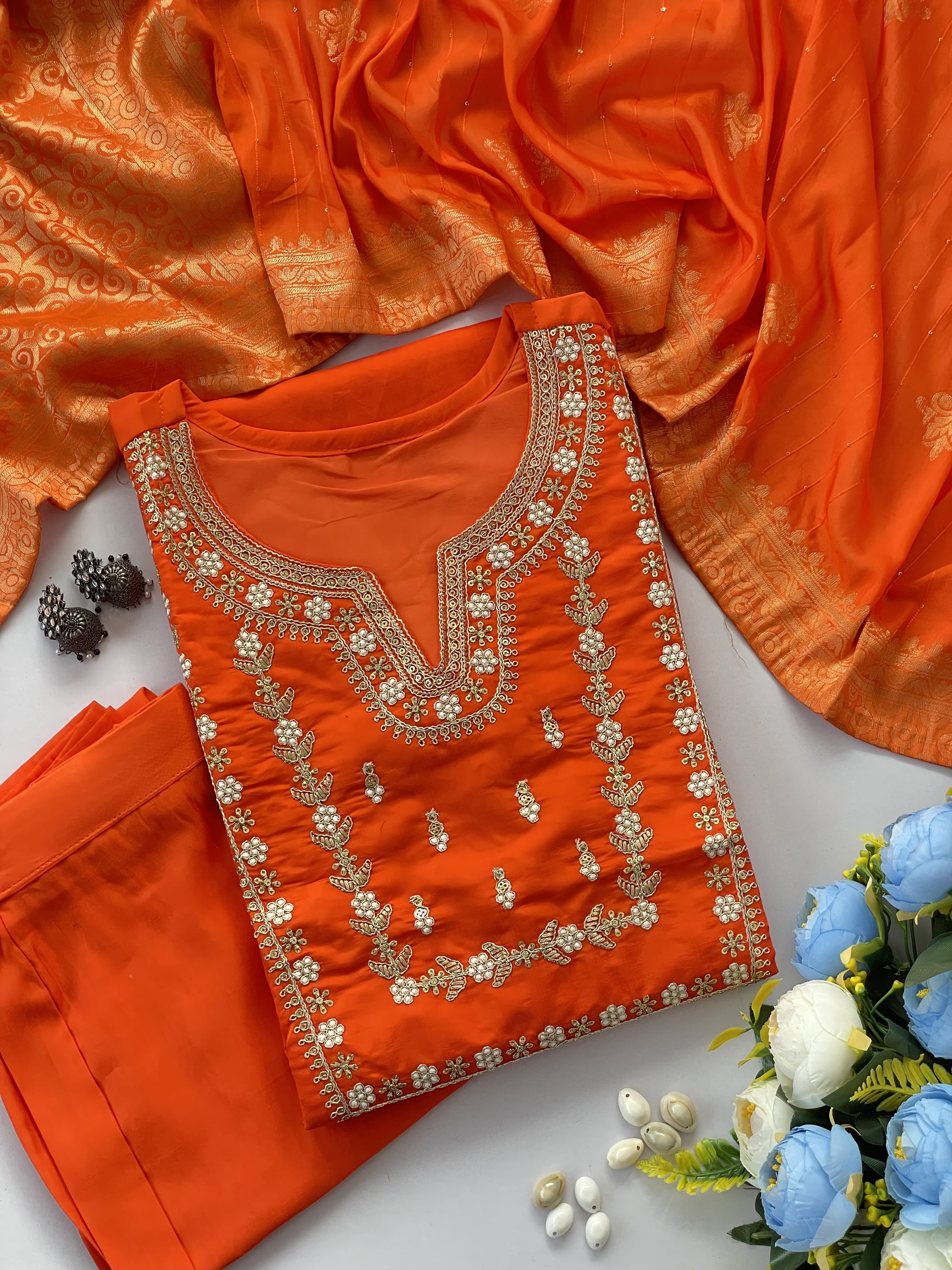Orange Color Heavy Roman Silk Embroidered Kurta Set With Bottom & Jacquard Dupatta