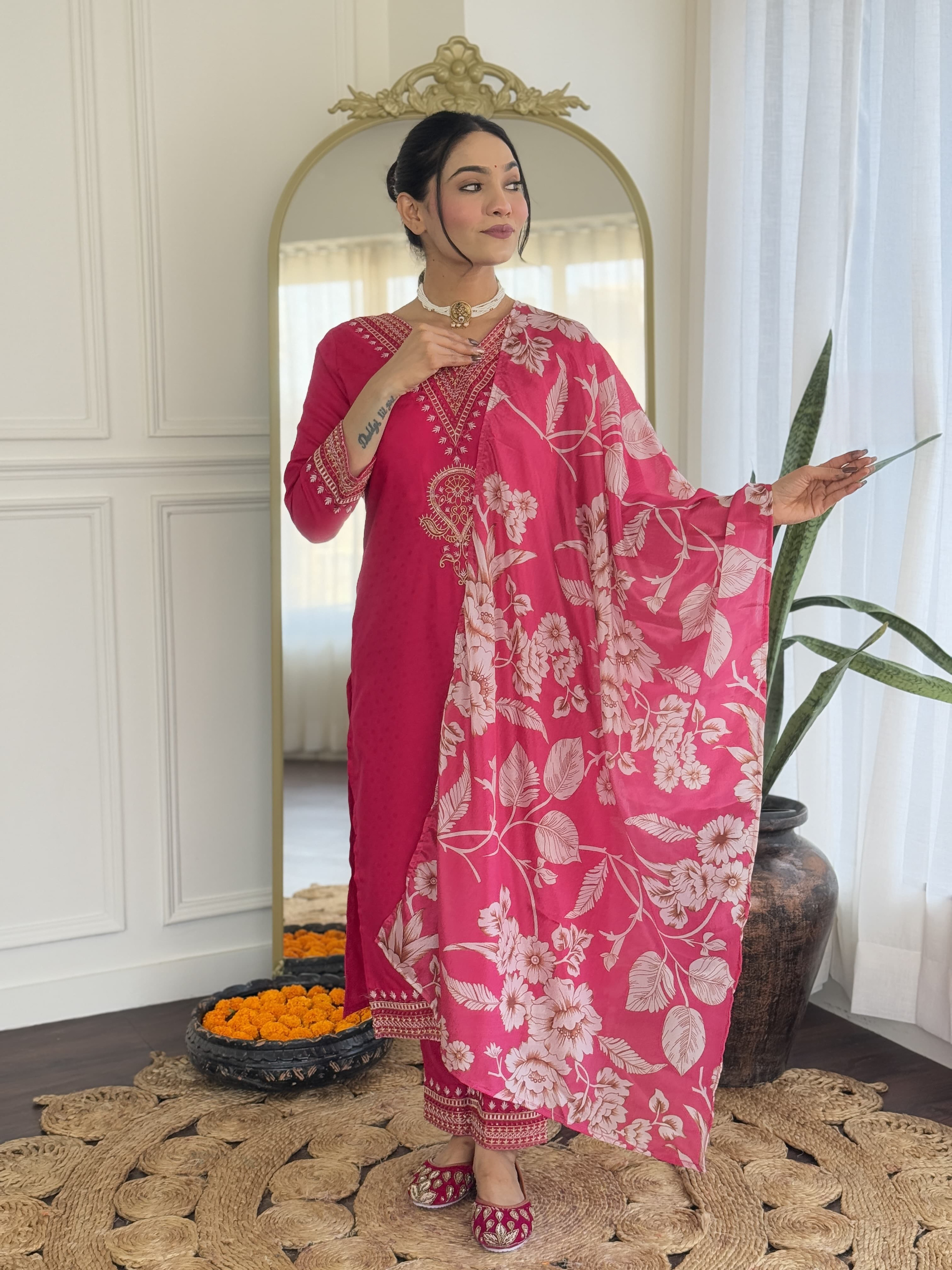 Rani Color Heavy Viscose Reyon Embroidery Kurta Set With Bottom & Chinon Printed Dupatta