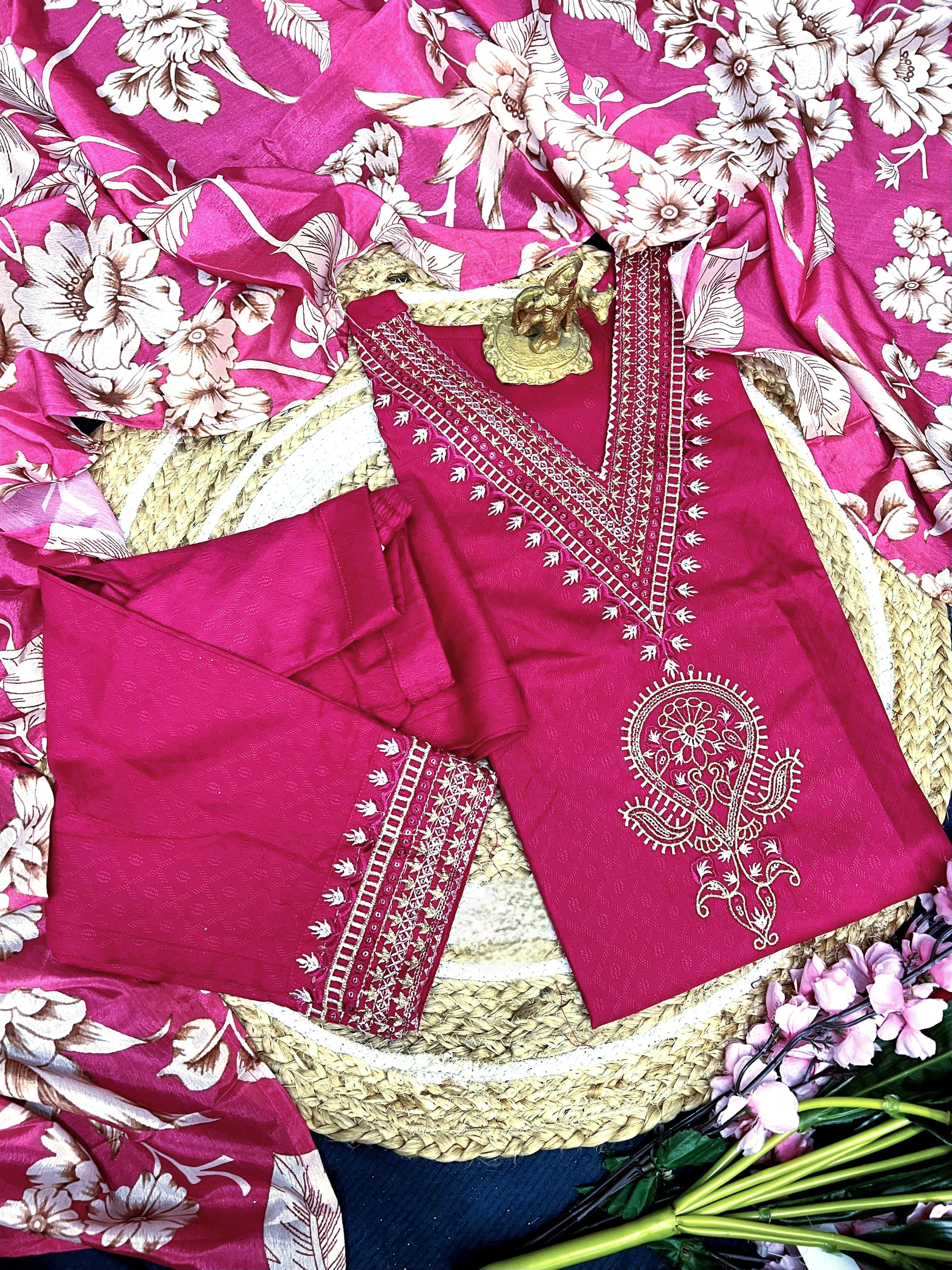 Rani Color Heavy Viscose Reyon Embroidery Kurta Set With Bottom & Chinon Printed Dupatta