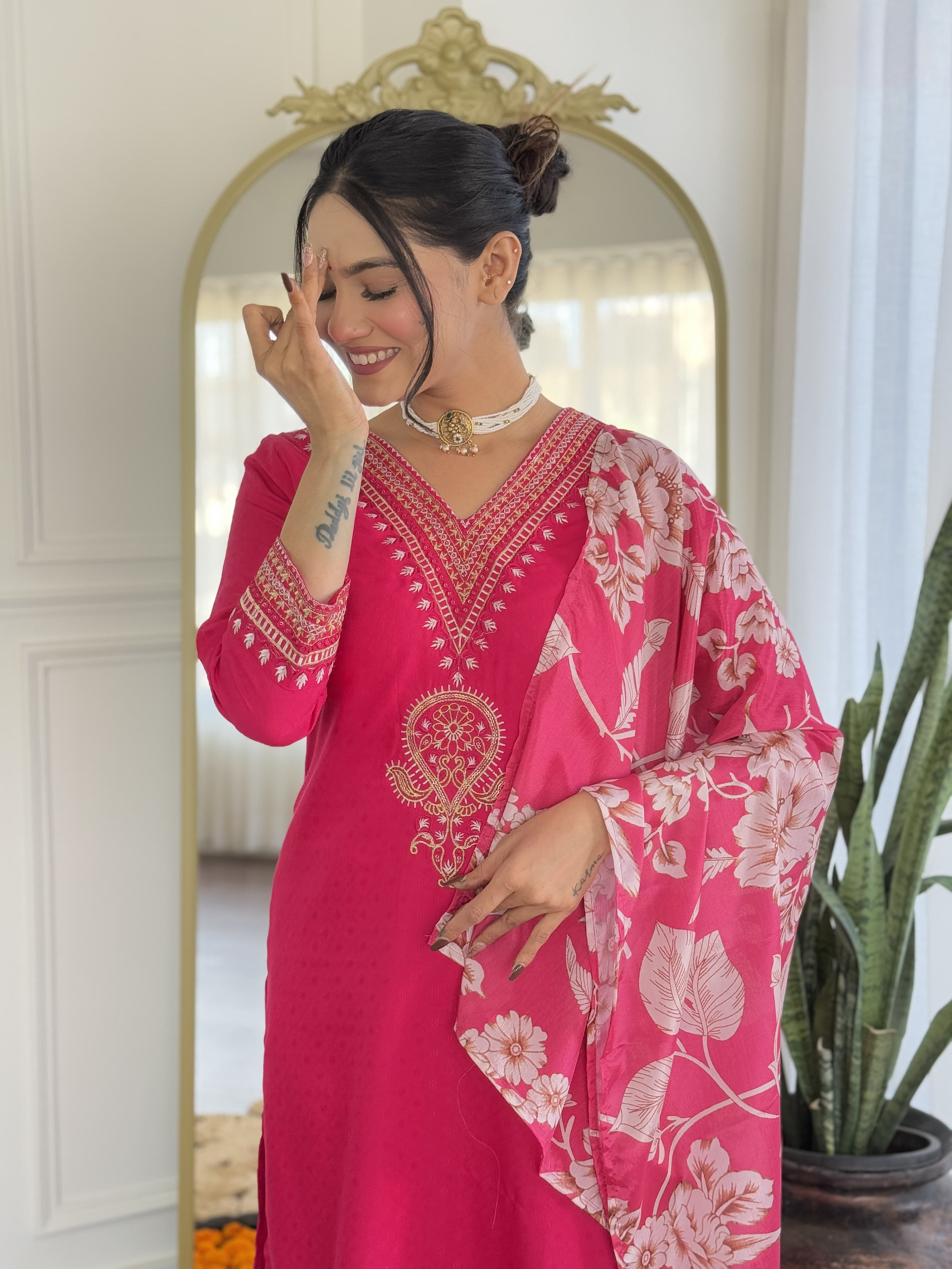 Rani Color Heavy Viscose Reyon Embroidery Kurta Set With Bottom & Chinon Printed Dupatta