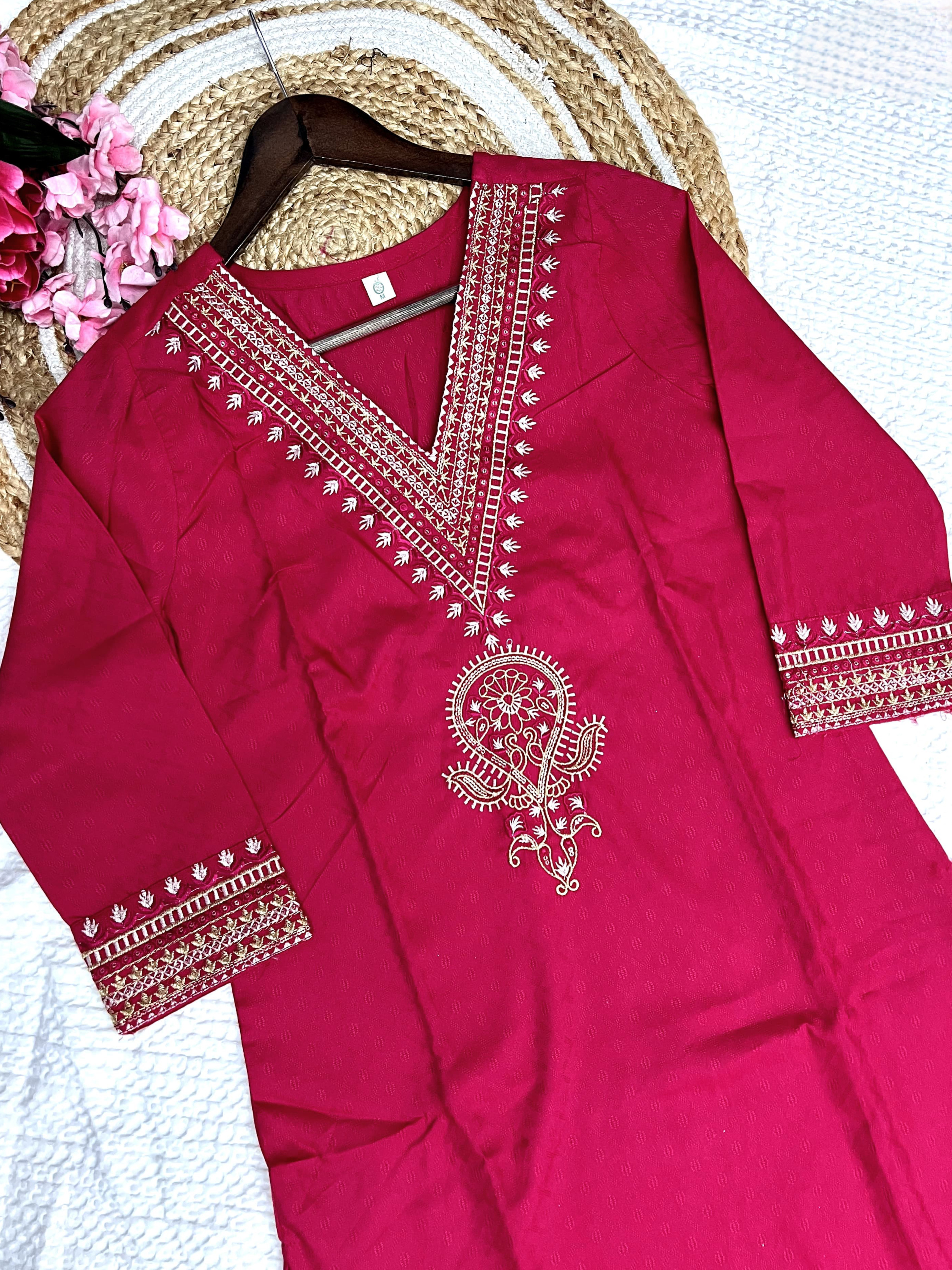 Rani Color Heavy Viscose Reyon Embroidery Kurta Set With Bottom & Chinon Printed Dupatta