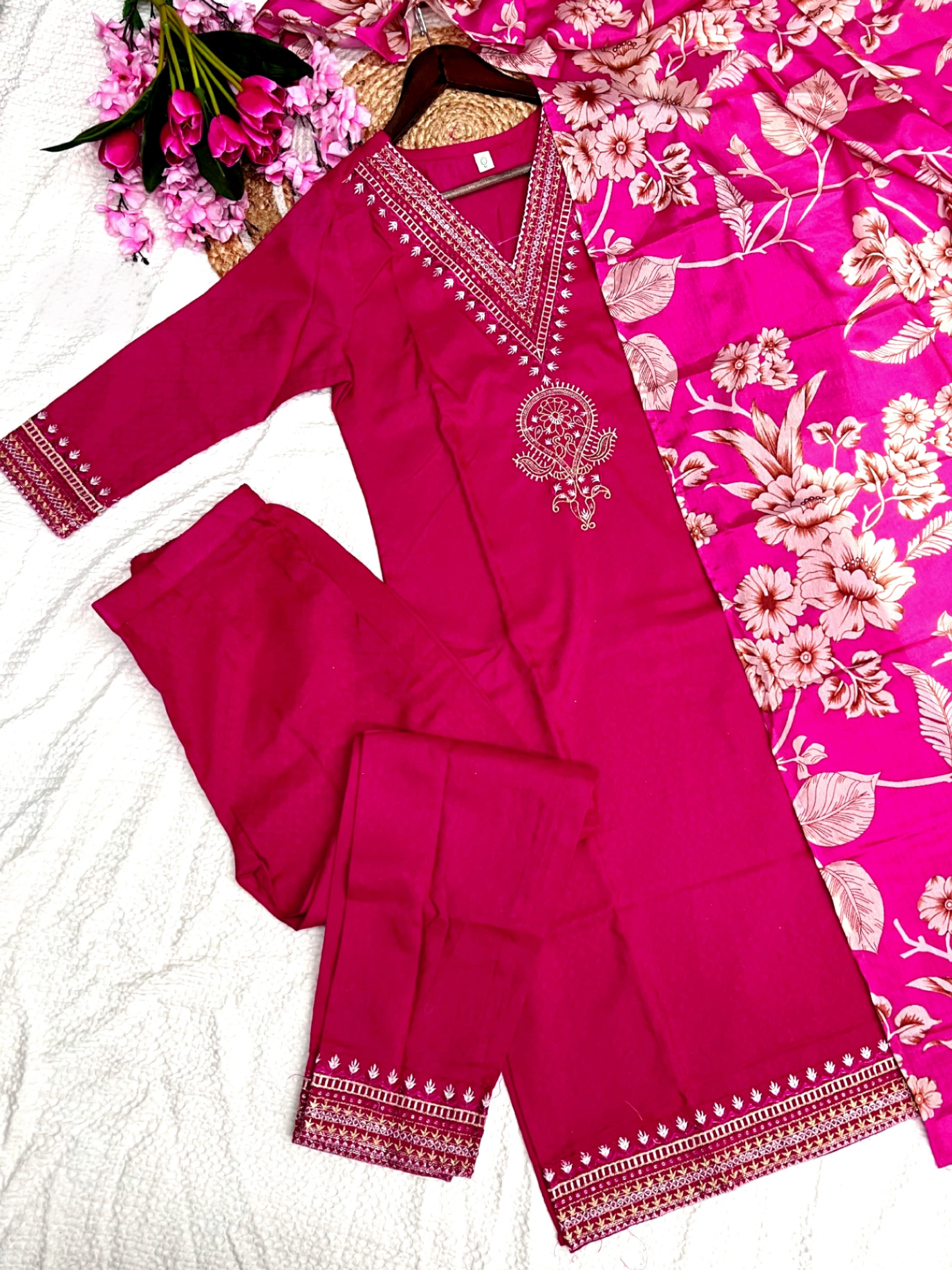 Rani Color Heavy Viscose Reyon Embroidery Kurta Set With Bottom & Chinon Printed Dupatta