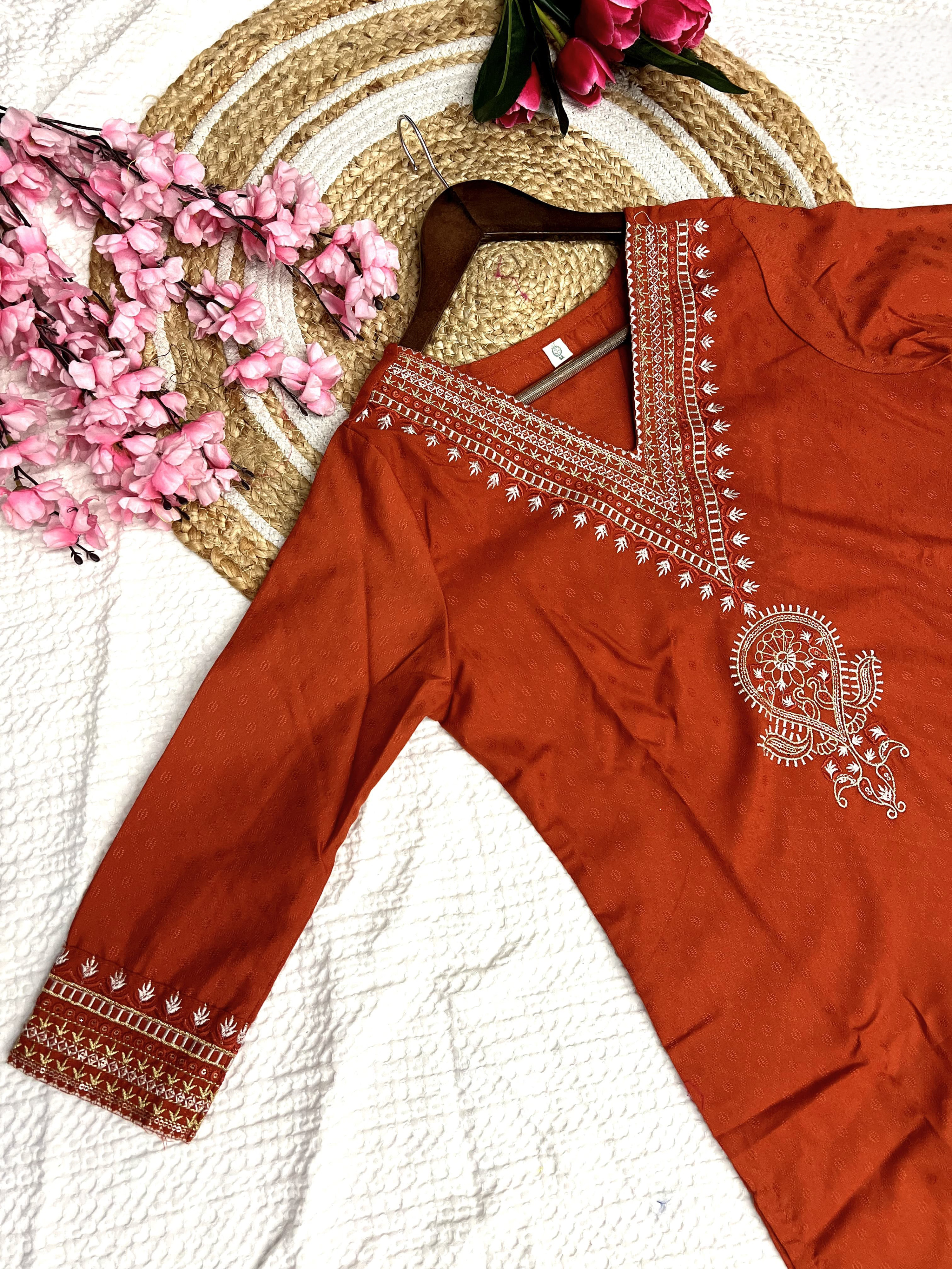 Rust Color Heavy Viscose Reyon Embroidery Kurta Set With Bottom & Chinon Printed Dupatta