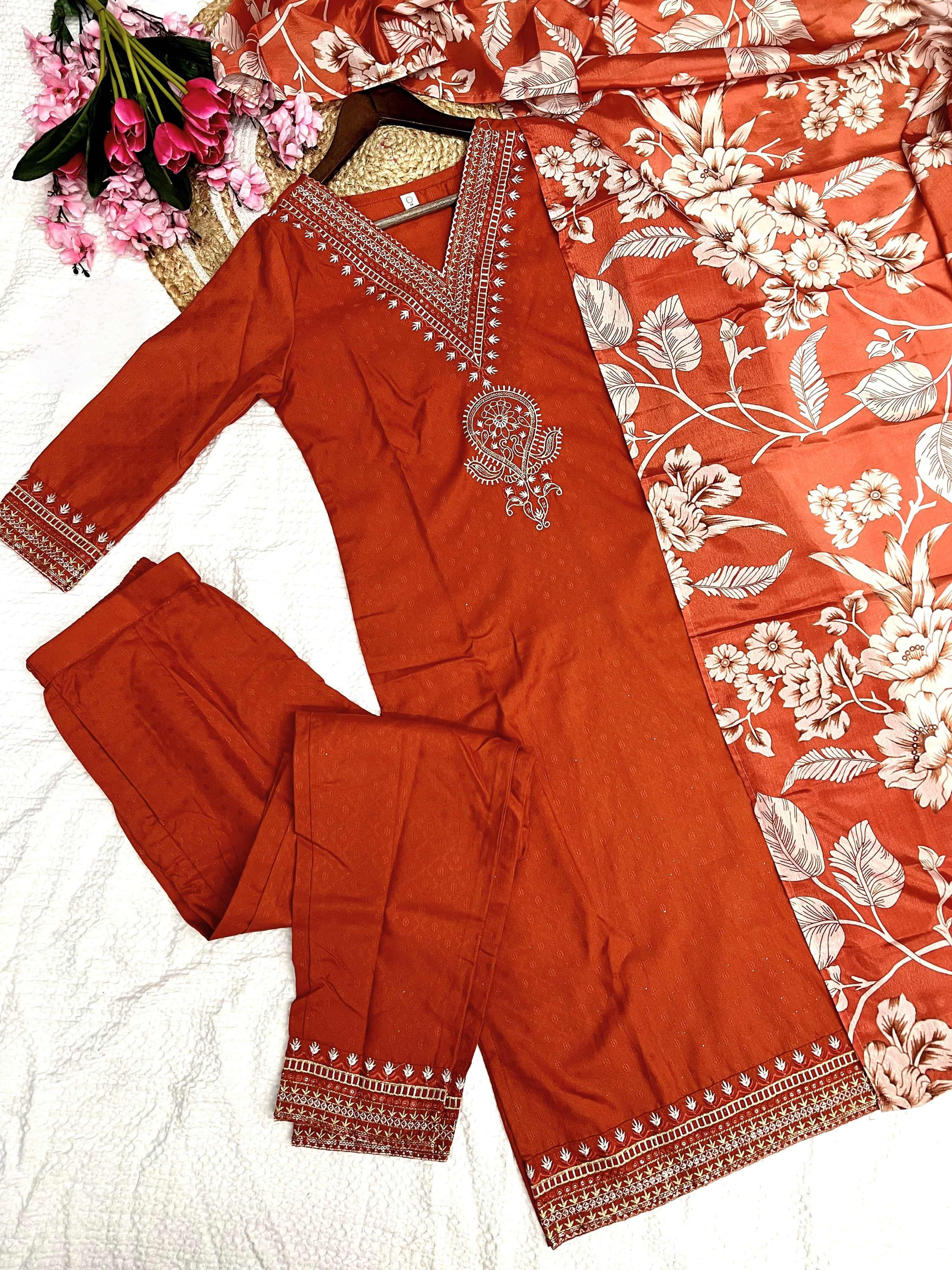 Rust Color Heavy Viscose Reyon Embroidery Kurta Set With Bottom & Chinon Printed Dupatta