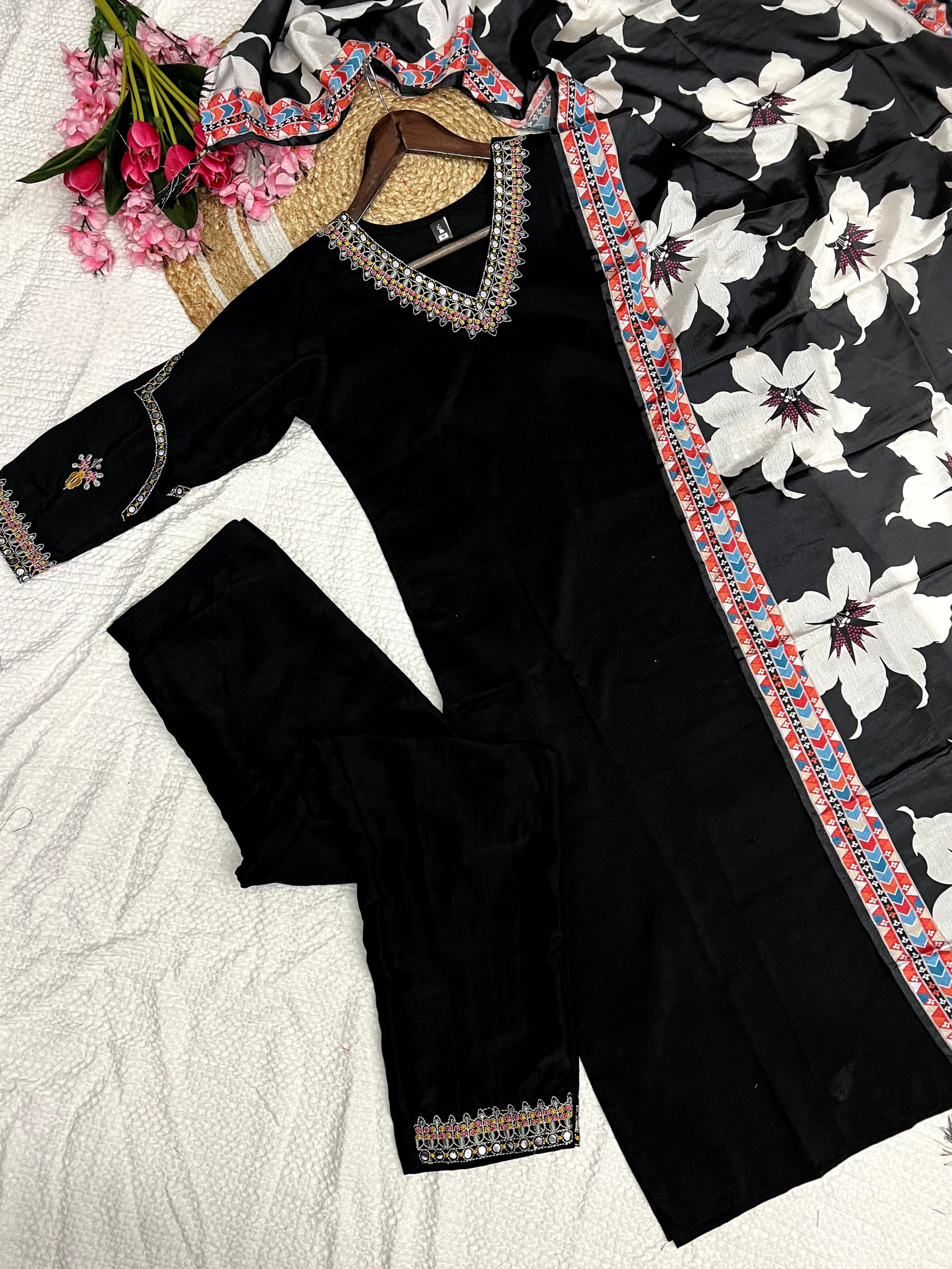 Black Color Heavy Viscose Silk Embroidery Kurta Set With Bottom & Chinon Dupatta