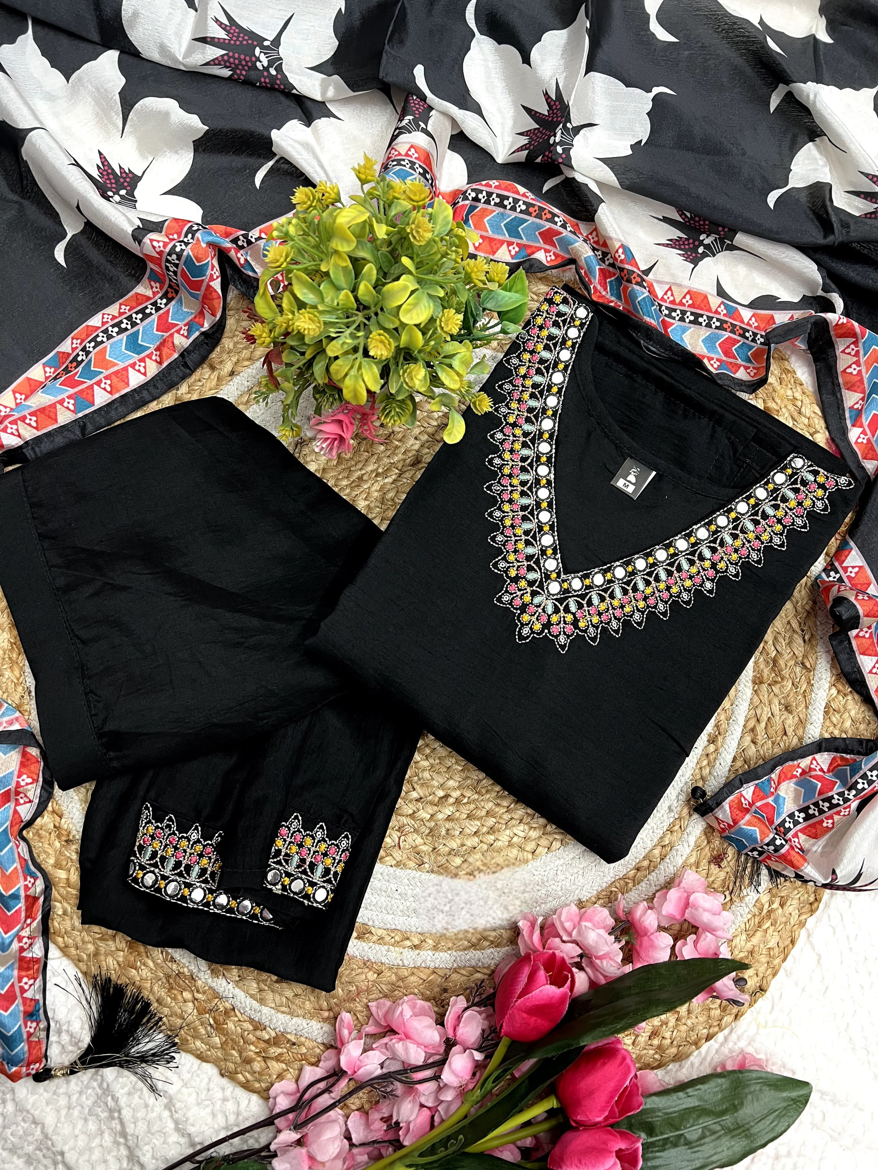Black Color Heavy Viscose Silk Embroidery Kurta Set With Bottom & Chinon Dupatta