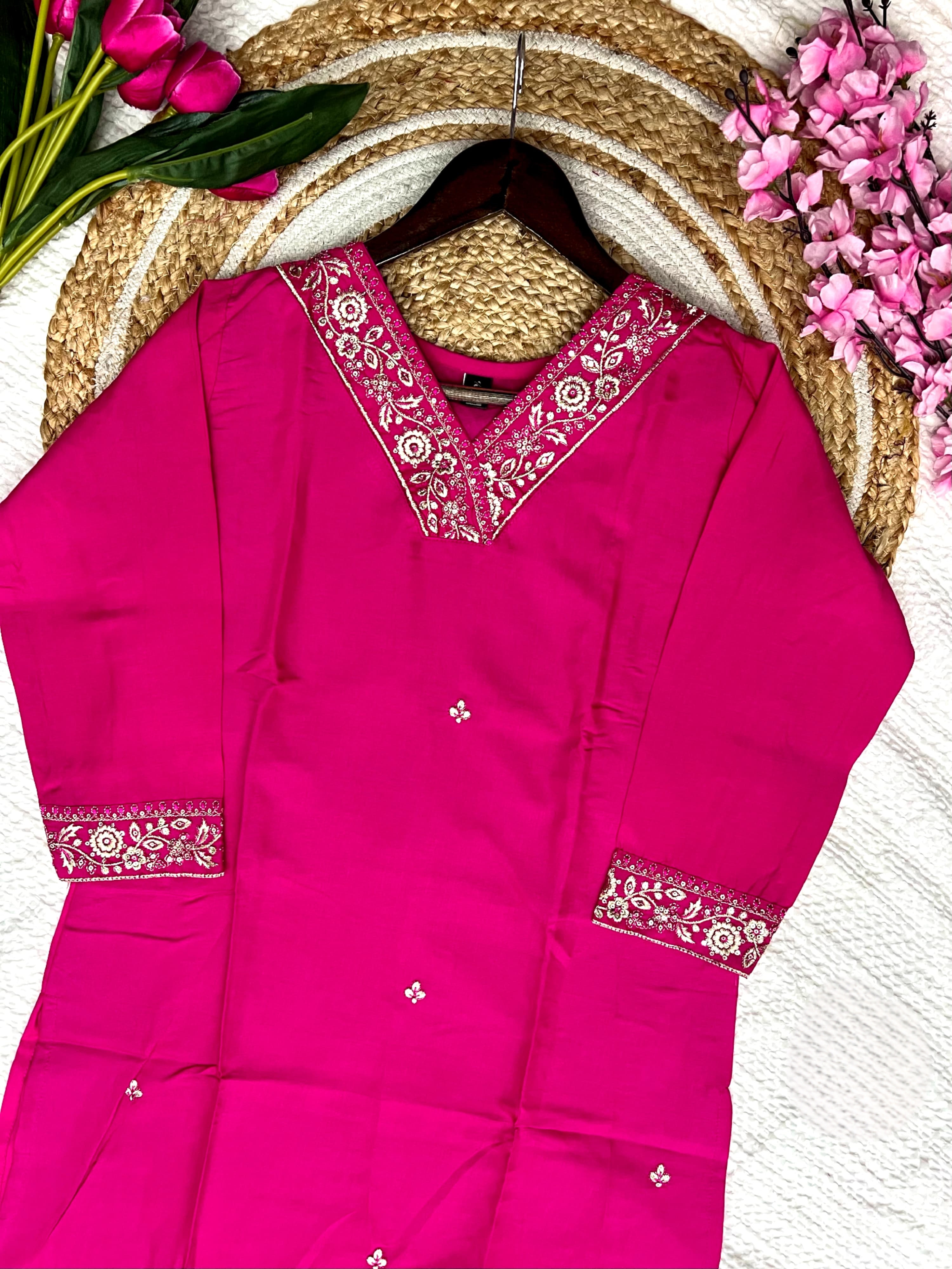 Rani Color Heavy Viscose Chanderi Top With Bottom & Organza Dupatta