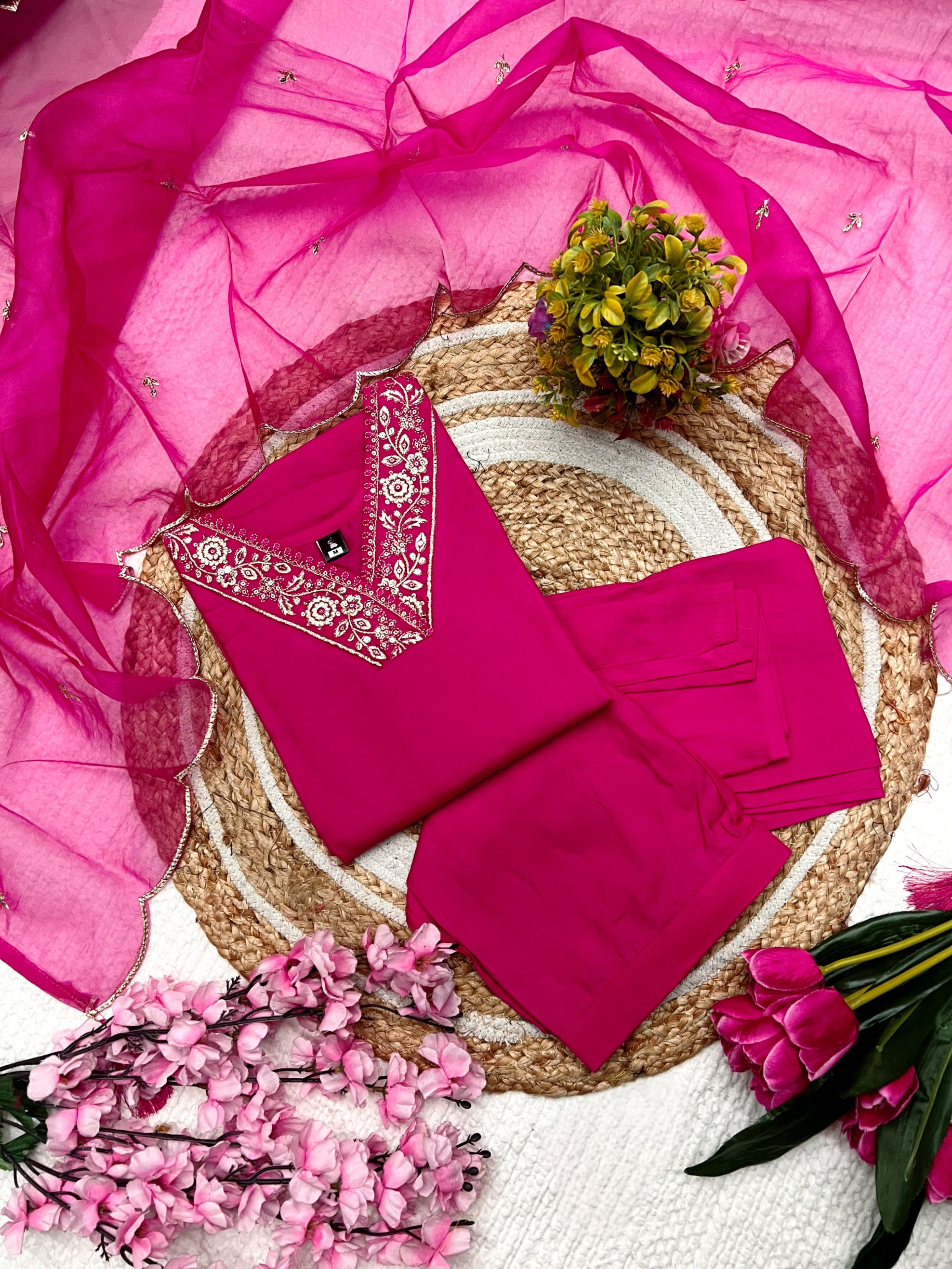Rani Color Heavy Viscose Chanderi Top With Bottom & Organza Dupatta