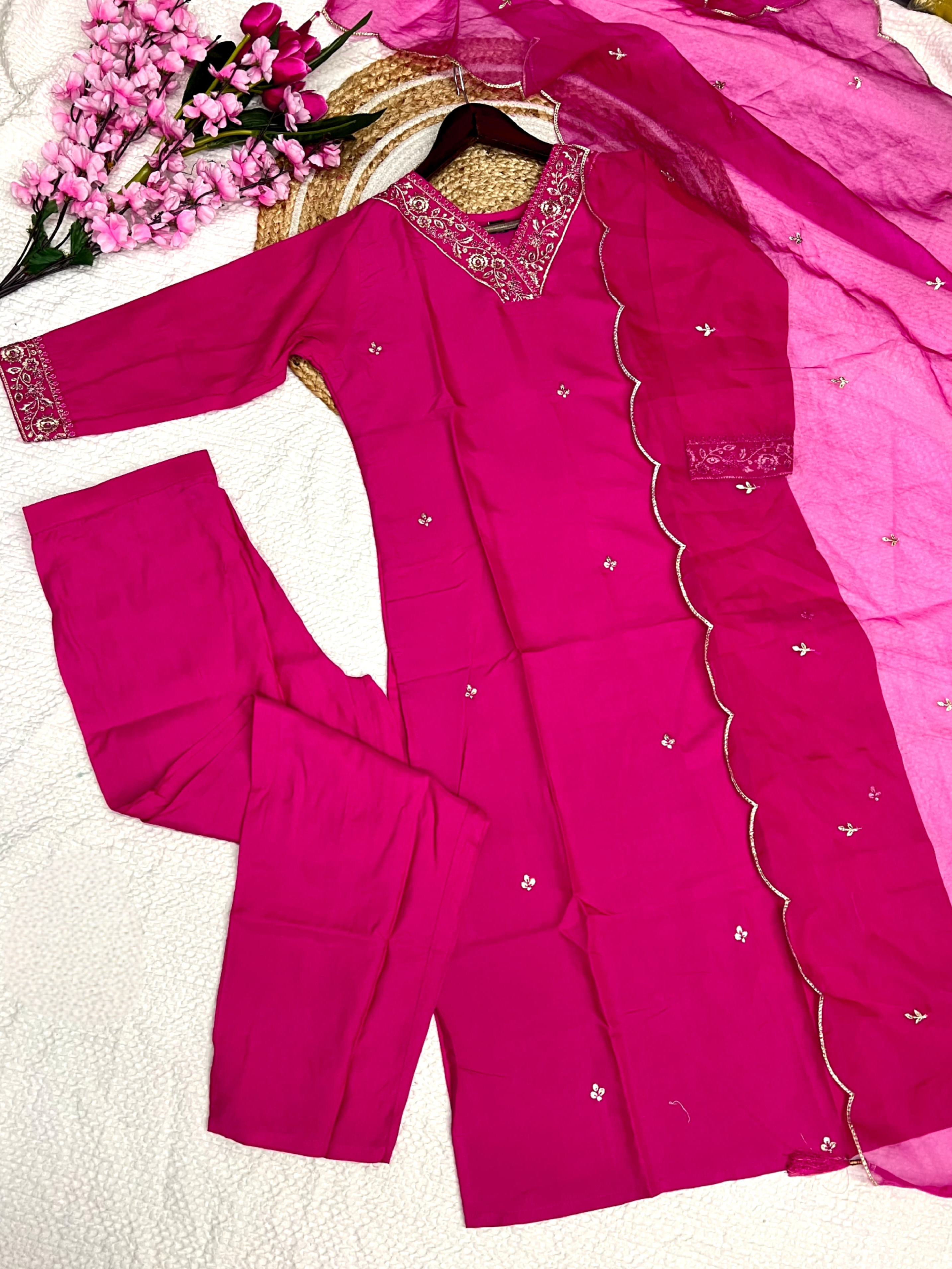 Rani Color Heavy Viscose Chanderi Top With Bottom & Organza Dupatta