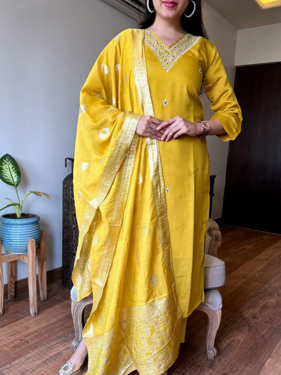Yellow Color Heavy Viscose Chanderi Kurta With Bottom & Jacquard Dupatta