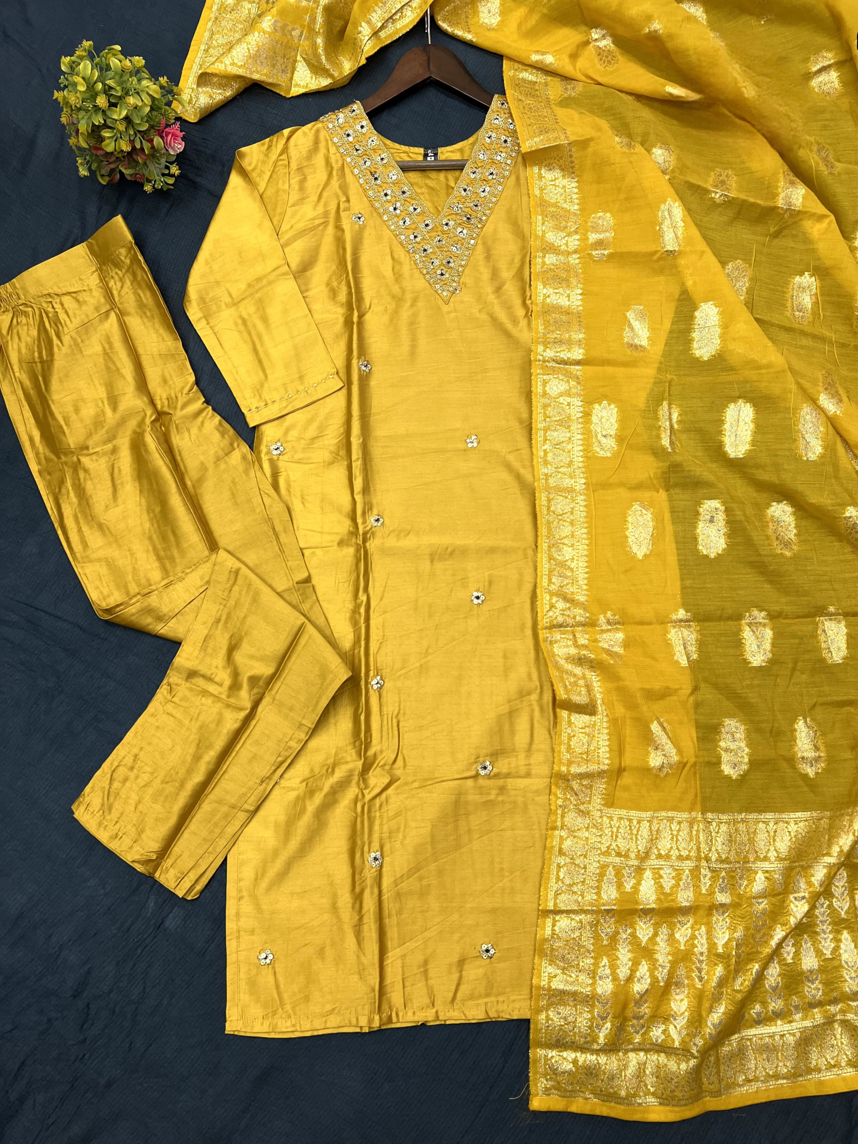 Yellow Color Heavy Viscose Chanderi Kurta With Bottom & Jacquard Dupatta