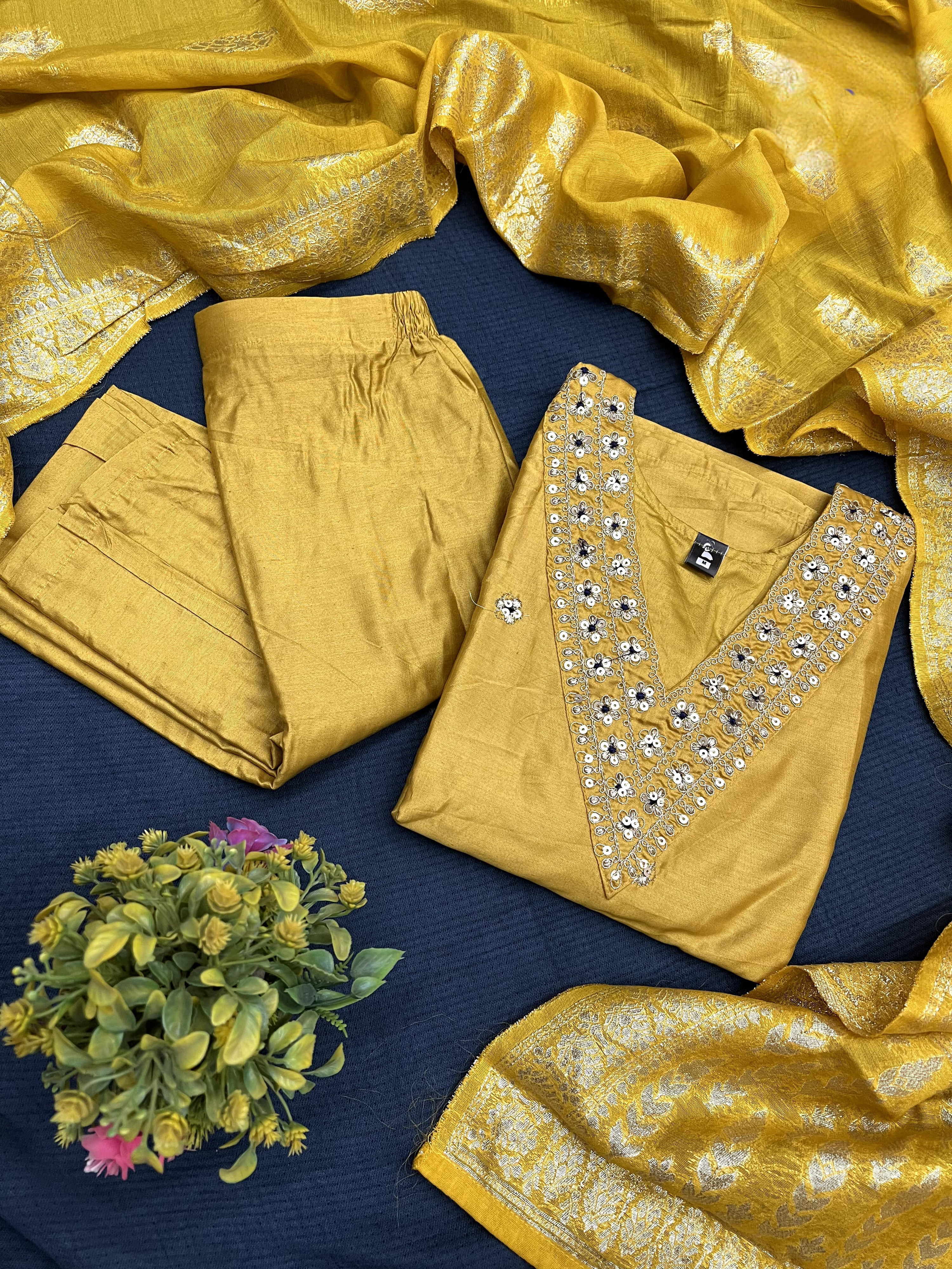 Yellow Color Heavy Viscose Chanderi Kurta With Bottom & Jacquard Dupatta
