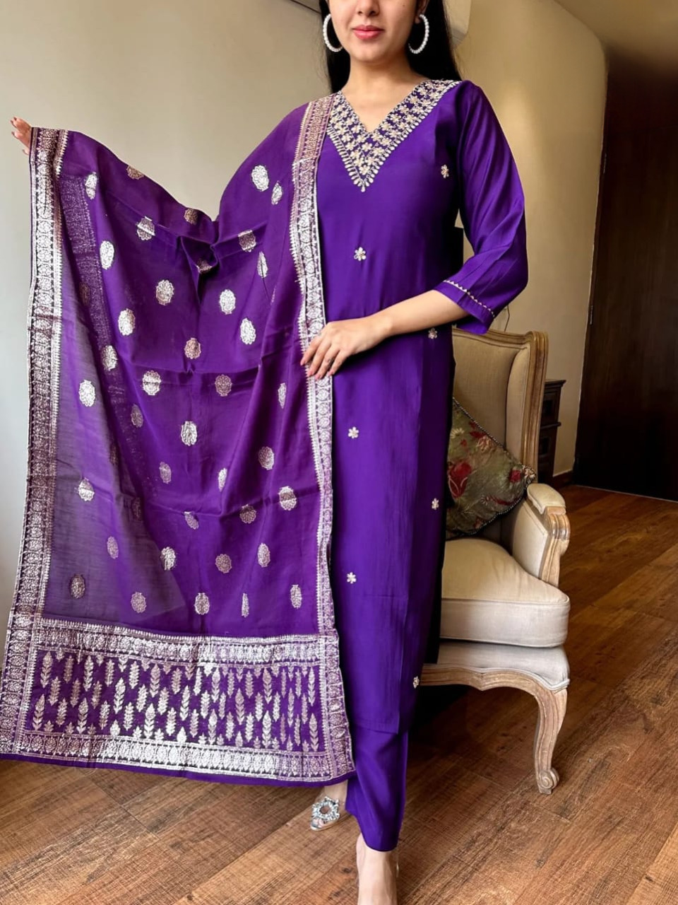 Purple Color Heavy Viscose Chanderi Kurta With Bottom & Jacquard Dupatta