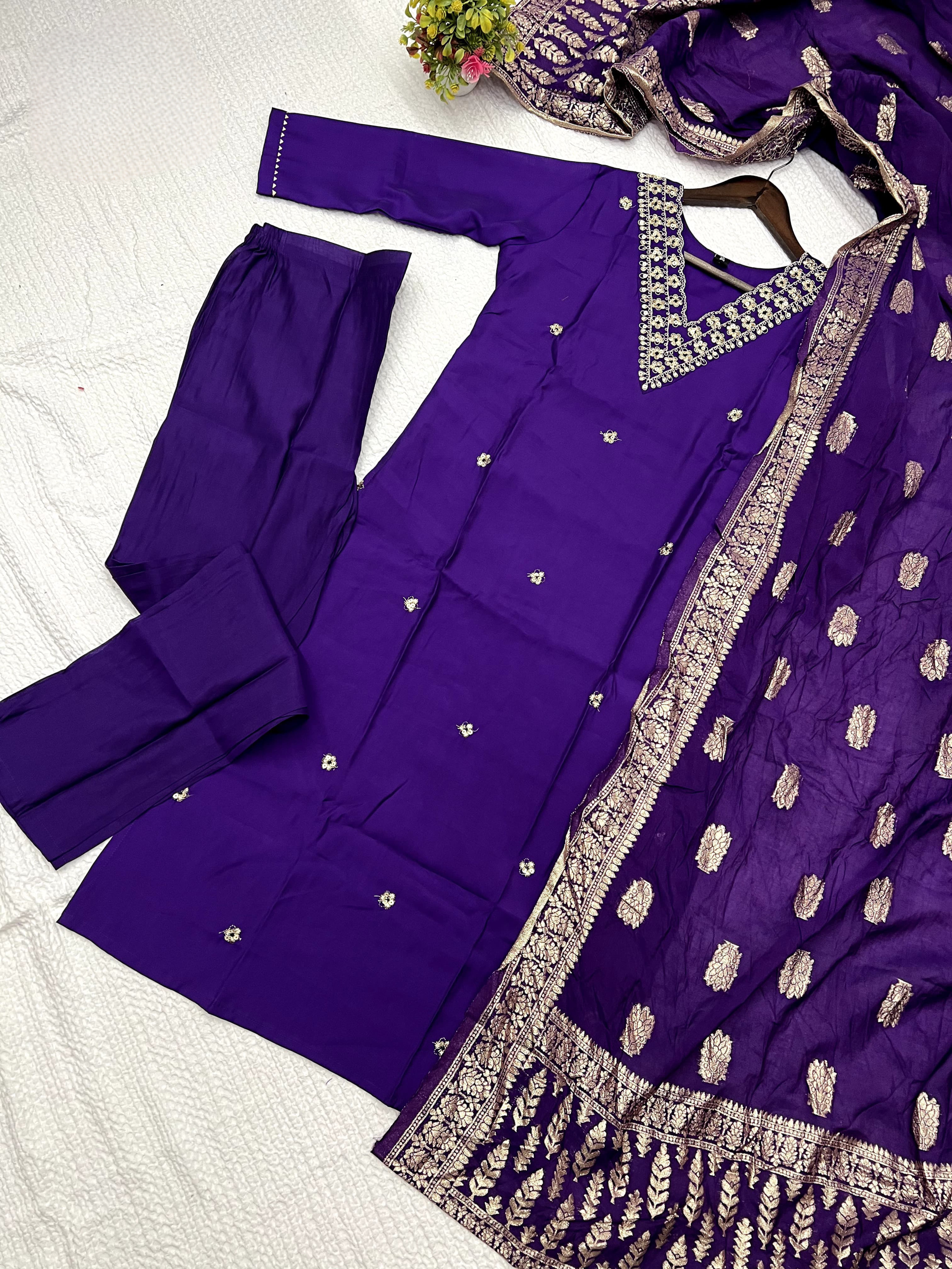 Purple Color Heavy Viscose Chanderi Kurta With Bottom & Jacquard Dupatta