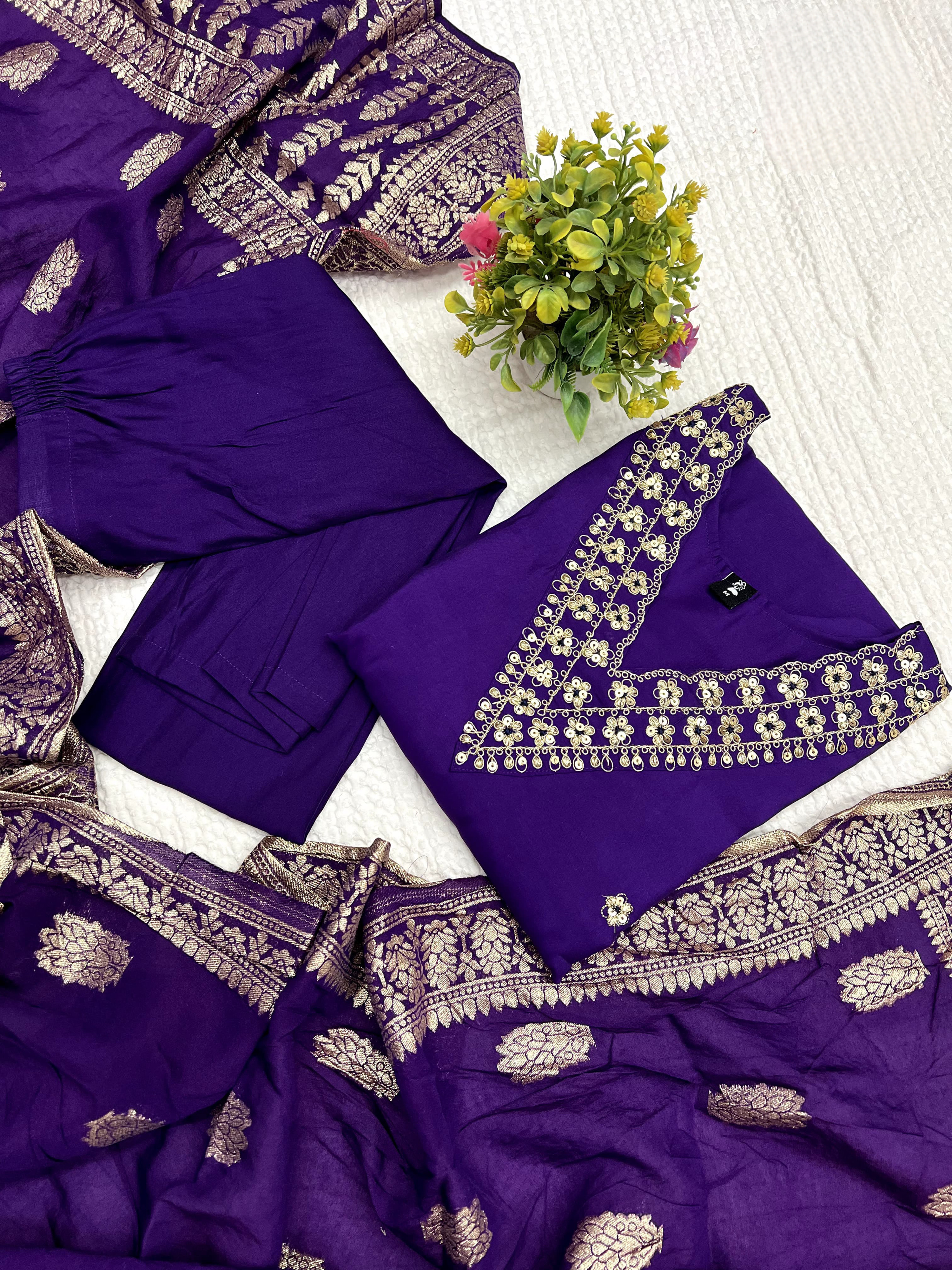 Purple Color Heavy Viscose Chanderi Kurta With Bottom & Jacquard Dupatta