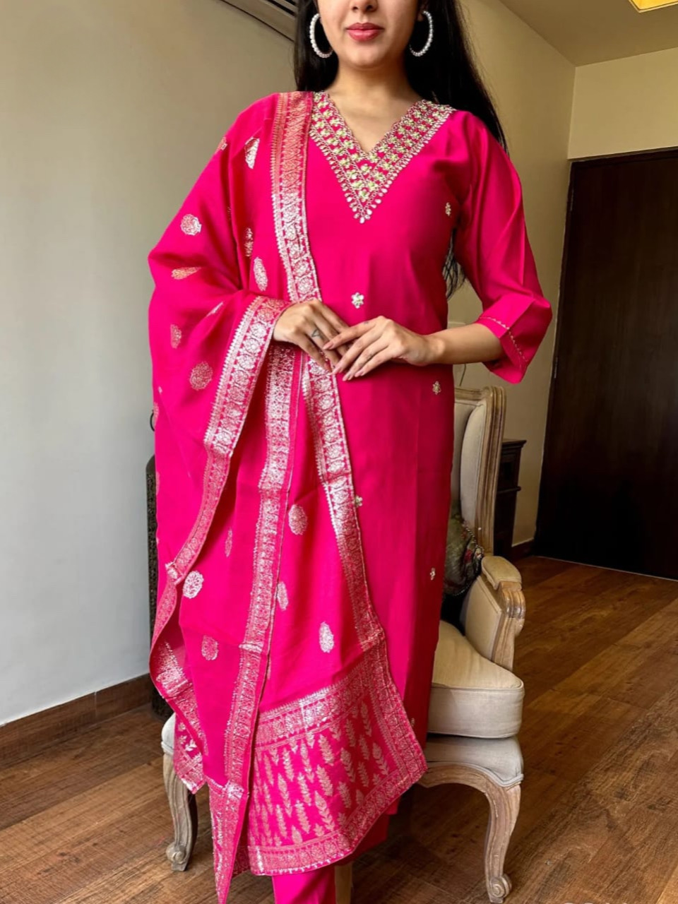 Rani Color Heavy Viscose Chanderi Kurta With Bottom & Jacquard Dupatta