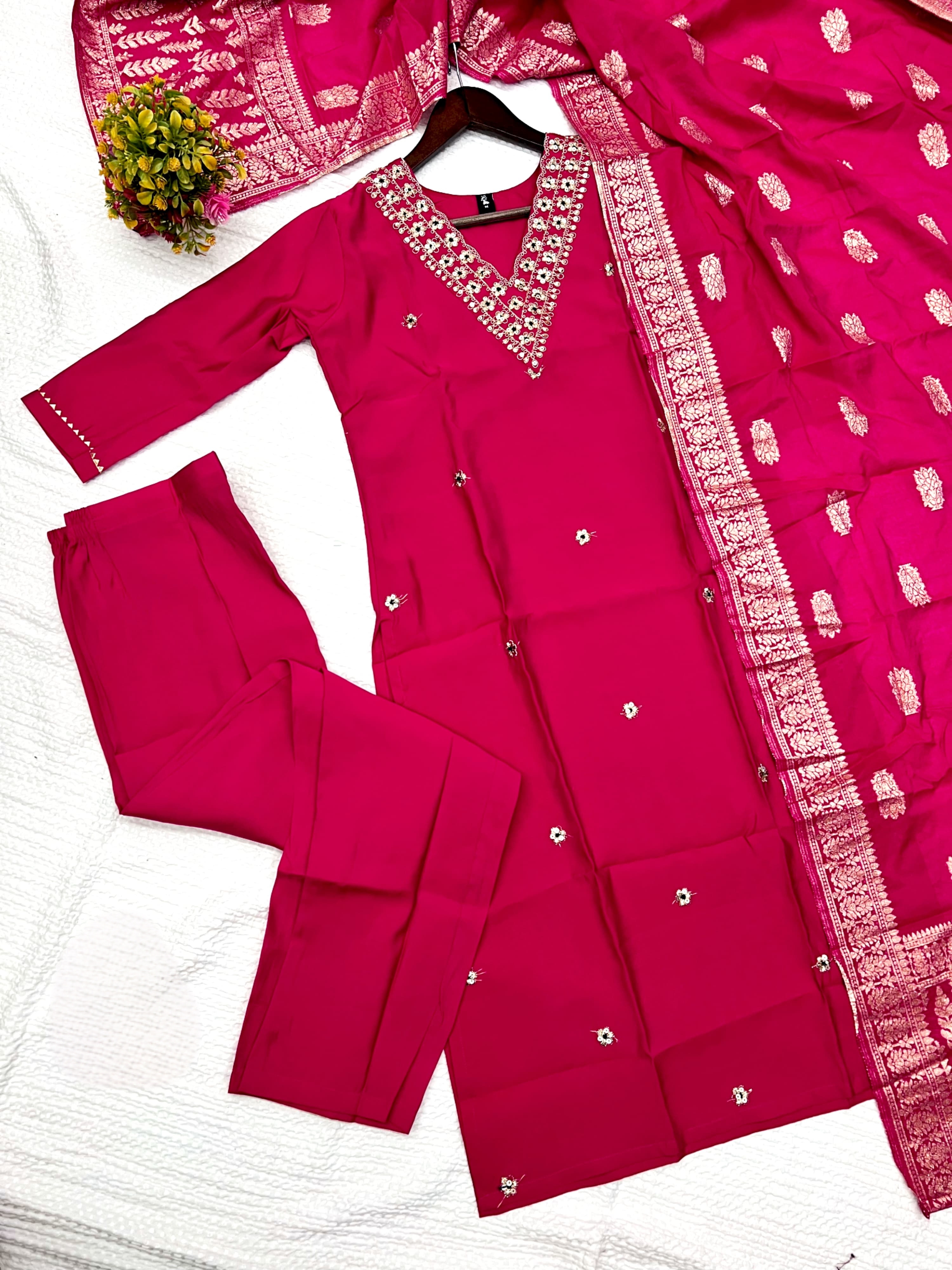 Rani Color Heavy Viscose Chanderi Kurta With Bottom & Jacquard Dupatta