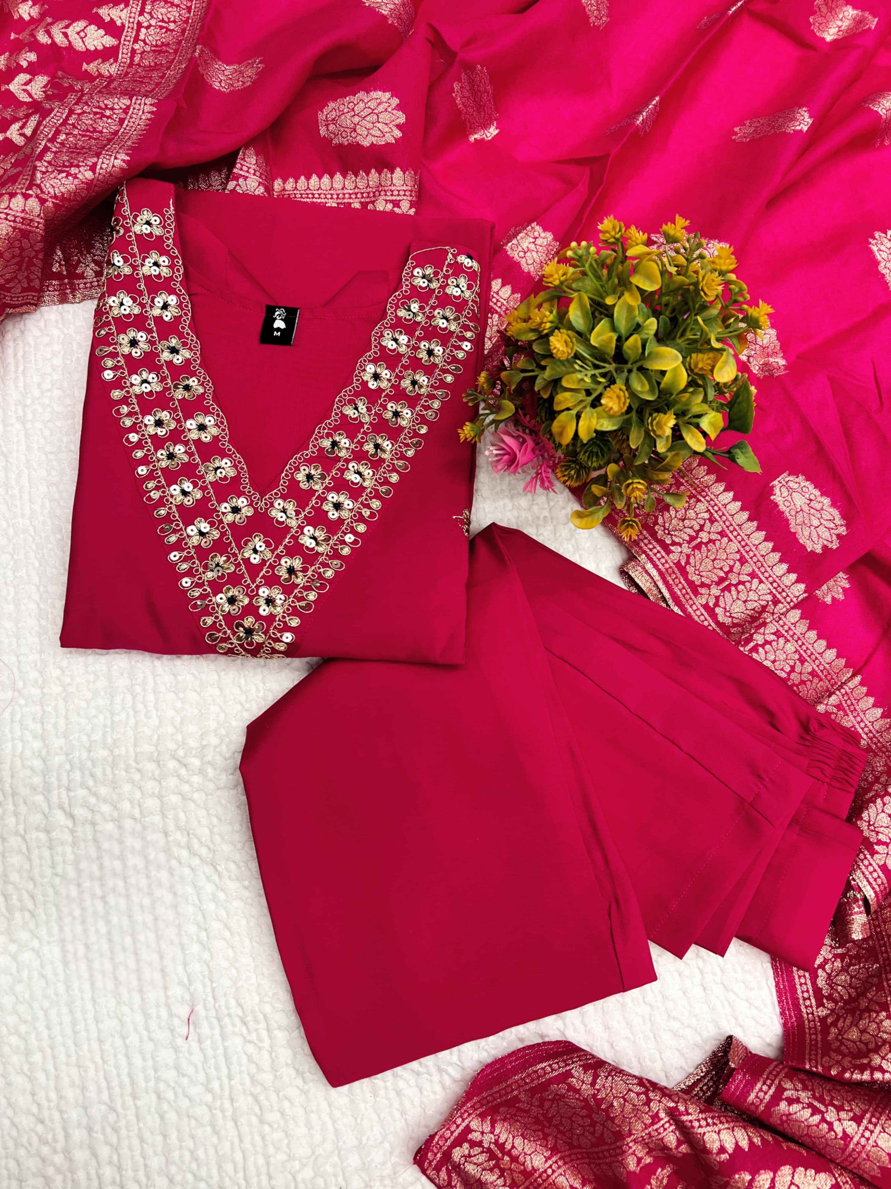 Rani Color Heavy Viscose Chanderi Kurta With Bottom & Jacquard Dupatta