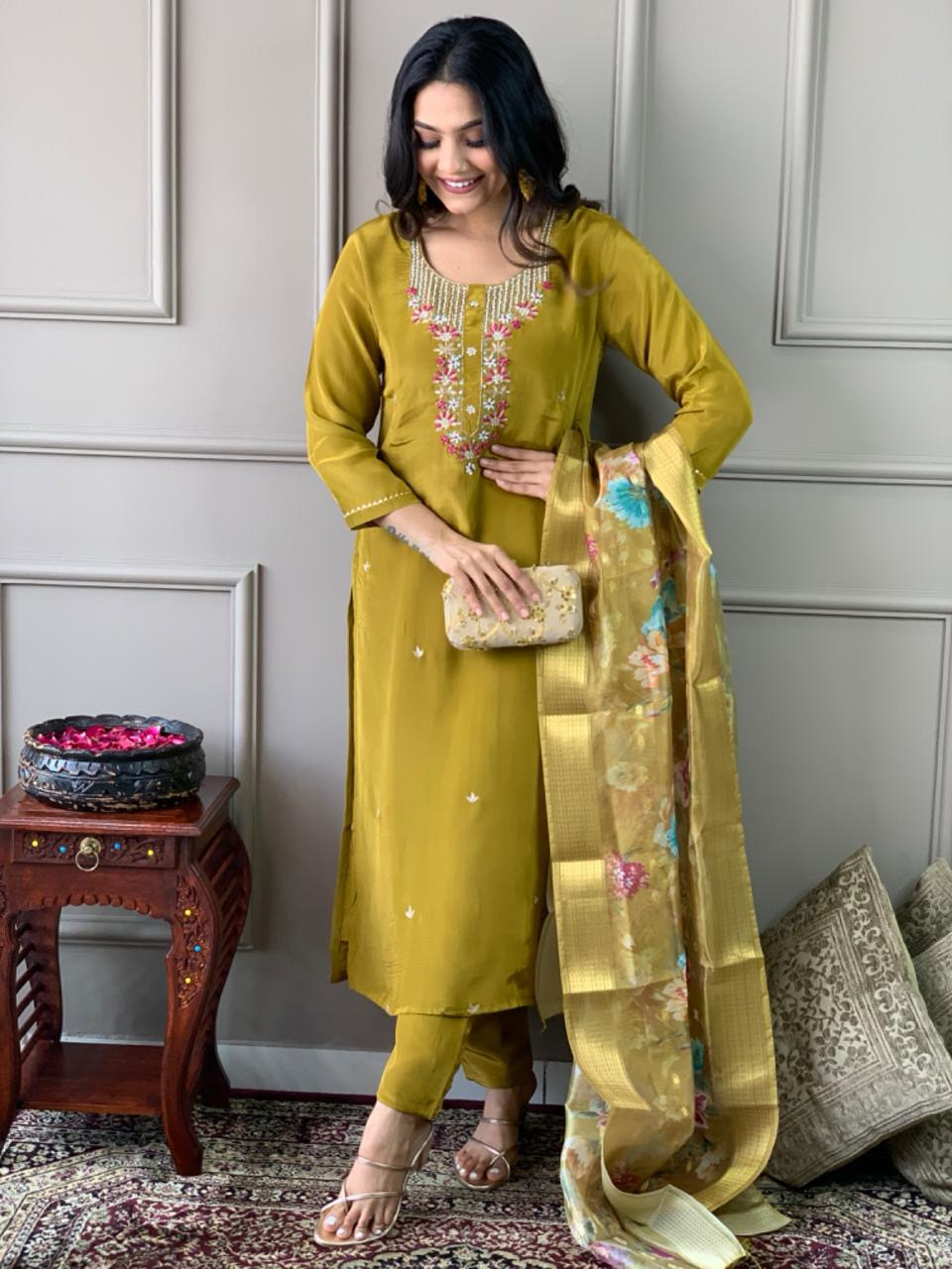 Mehandi Color Viscose Chanderi Embroidered Kurta With Bottom & Jacquard Butti Dupatta