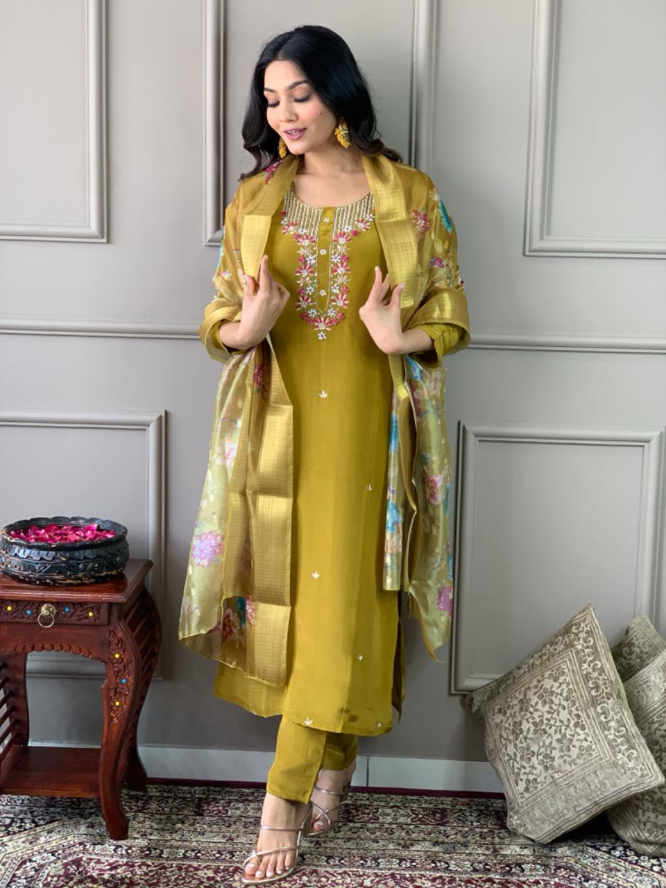 Mehandi Color Viscose Chanderi Embroidered Kurta With Bottom & Jacquard Butti Dupatta